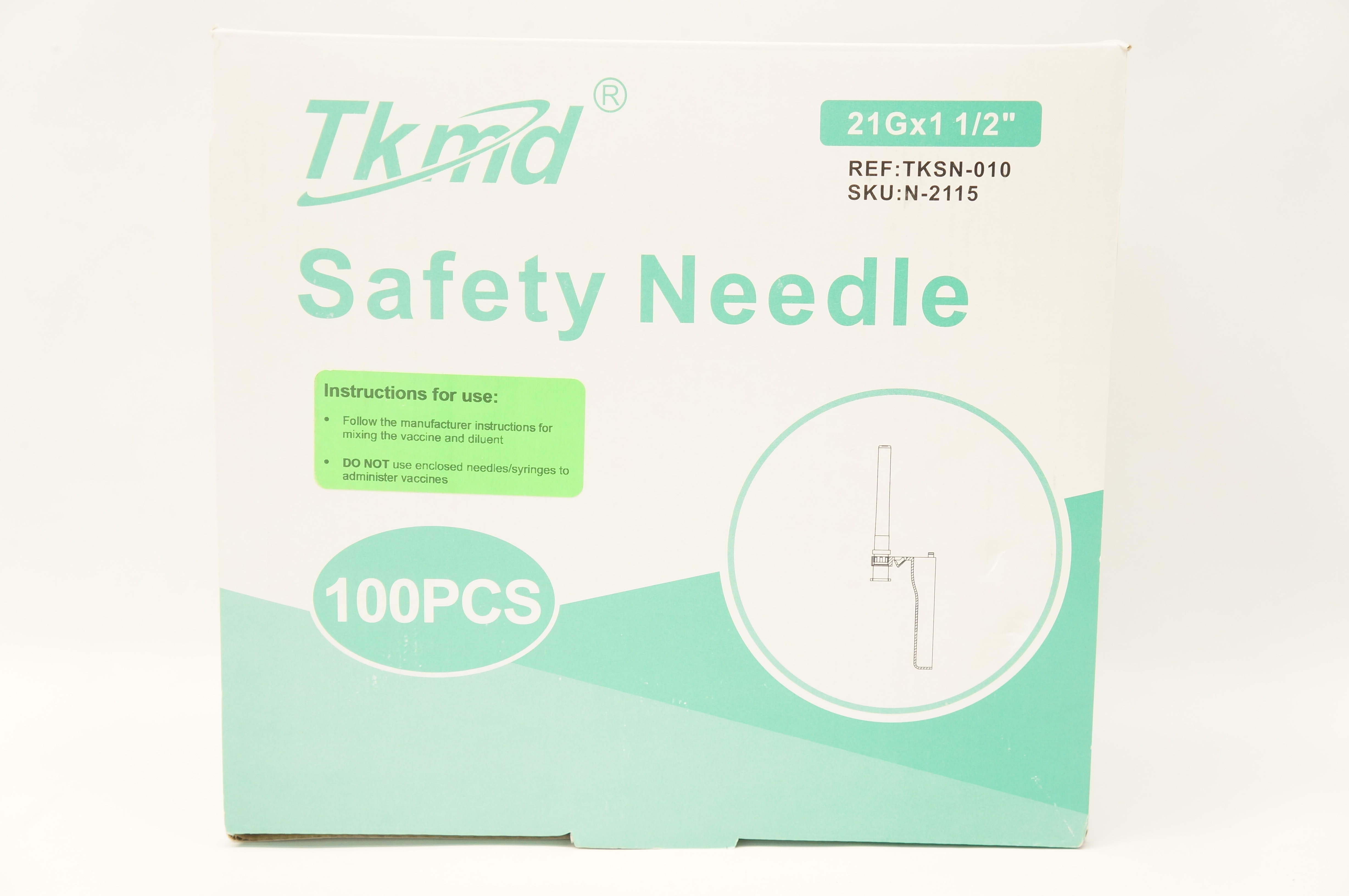 Anhui Tiankang Medical TKSN-010 Tkmd Safety Ndle 21G x 1-1/2 inch - Box of 100