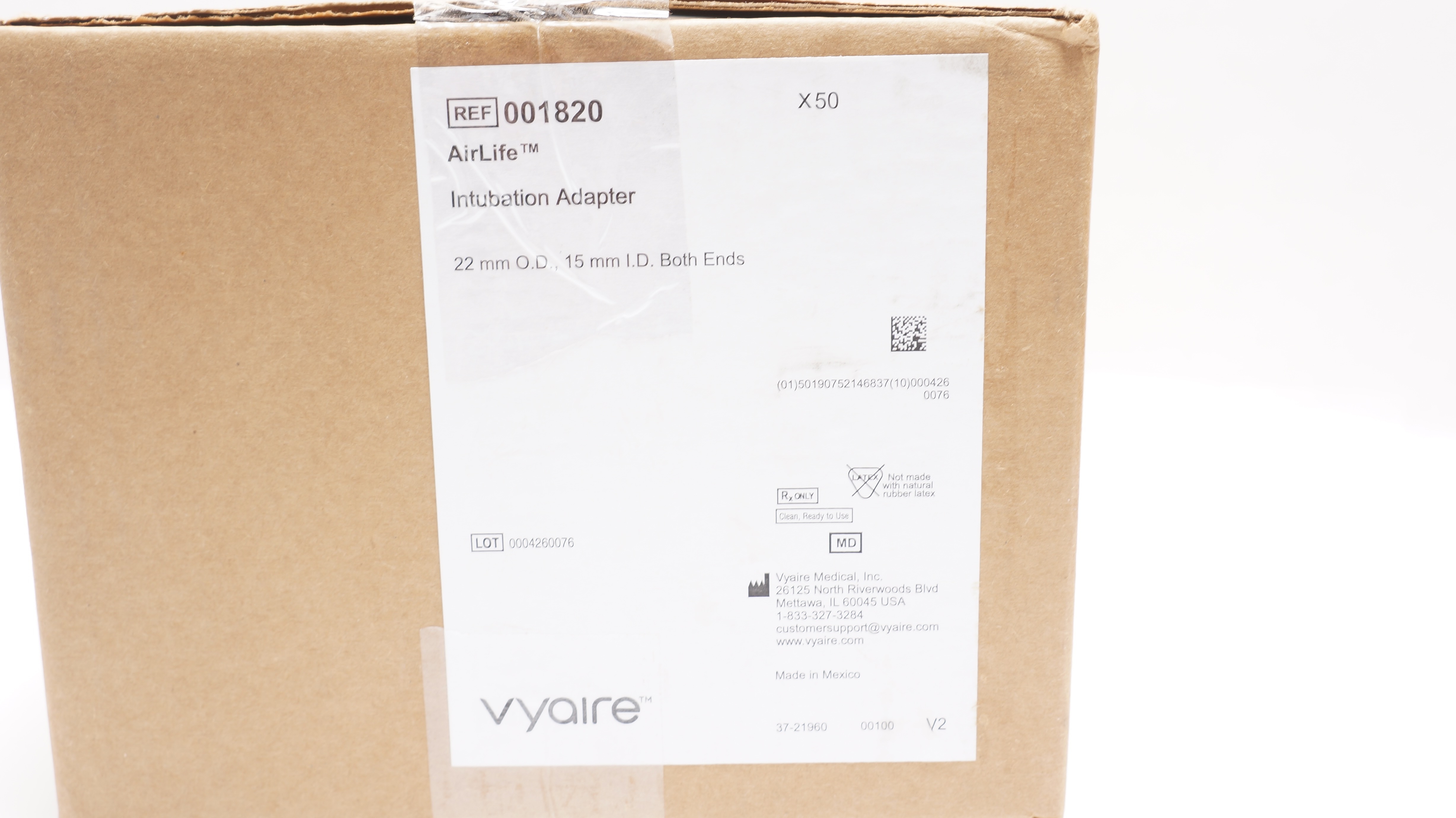 Vyaire 001820 AirLife Intubation Adapter 22mm OD 15mm ID Both Ends - Box of 50