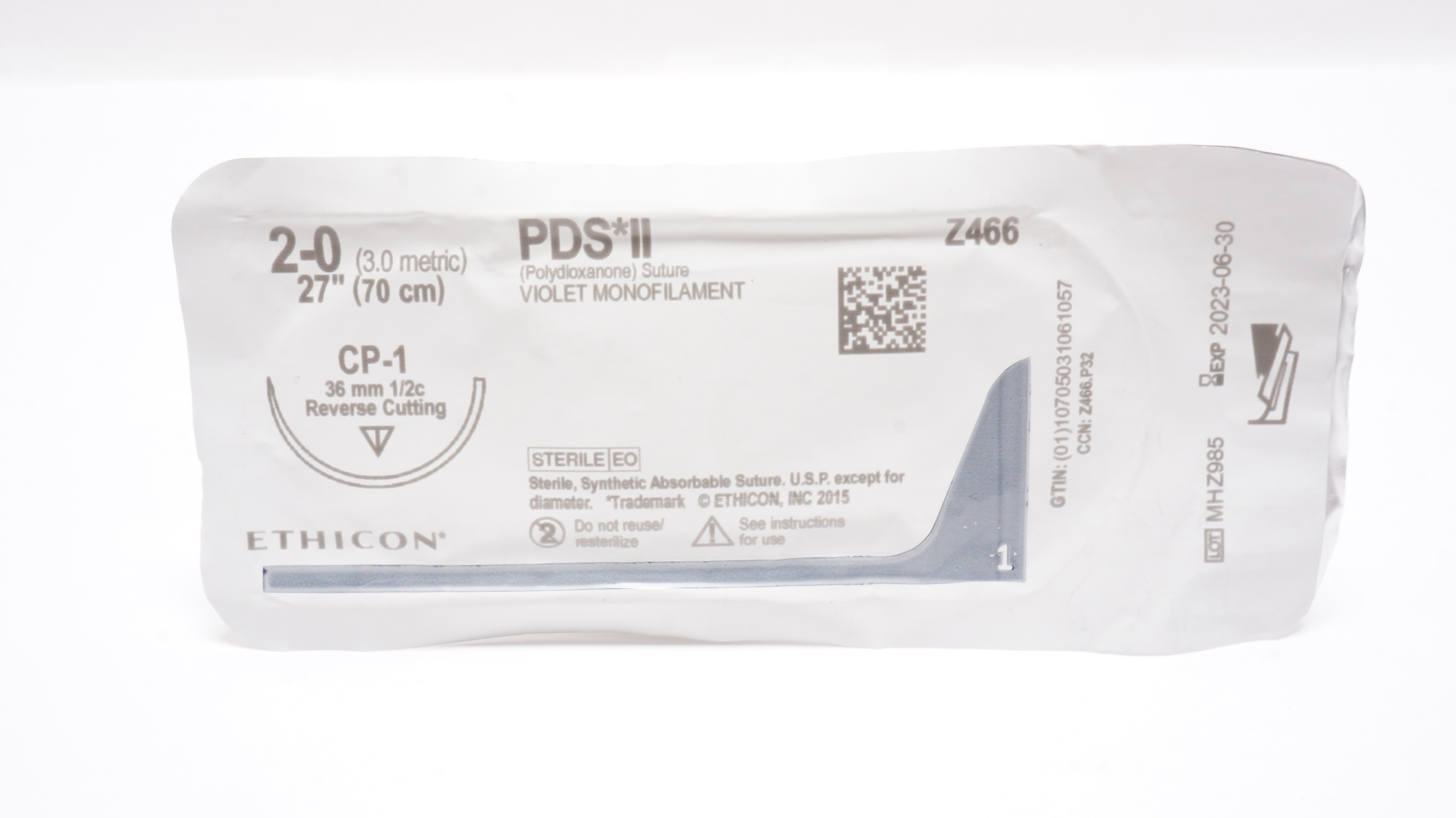 Ethicon Z466 2-0 PDS II, CP-1, 36mm 1/2c Reverse Cutting, 27inch (x)