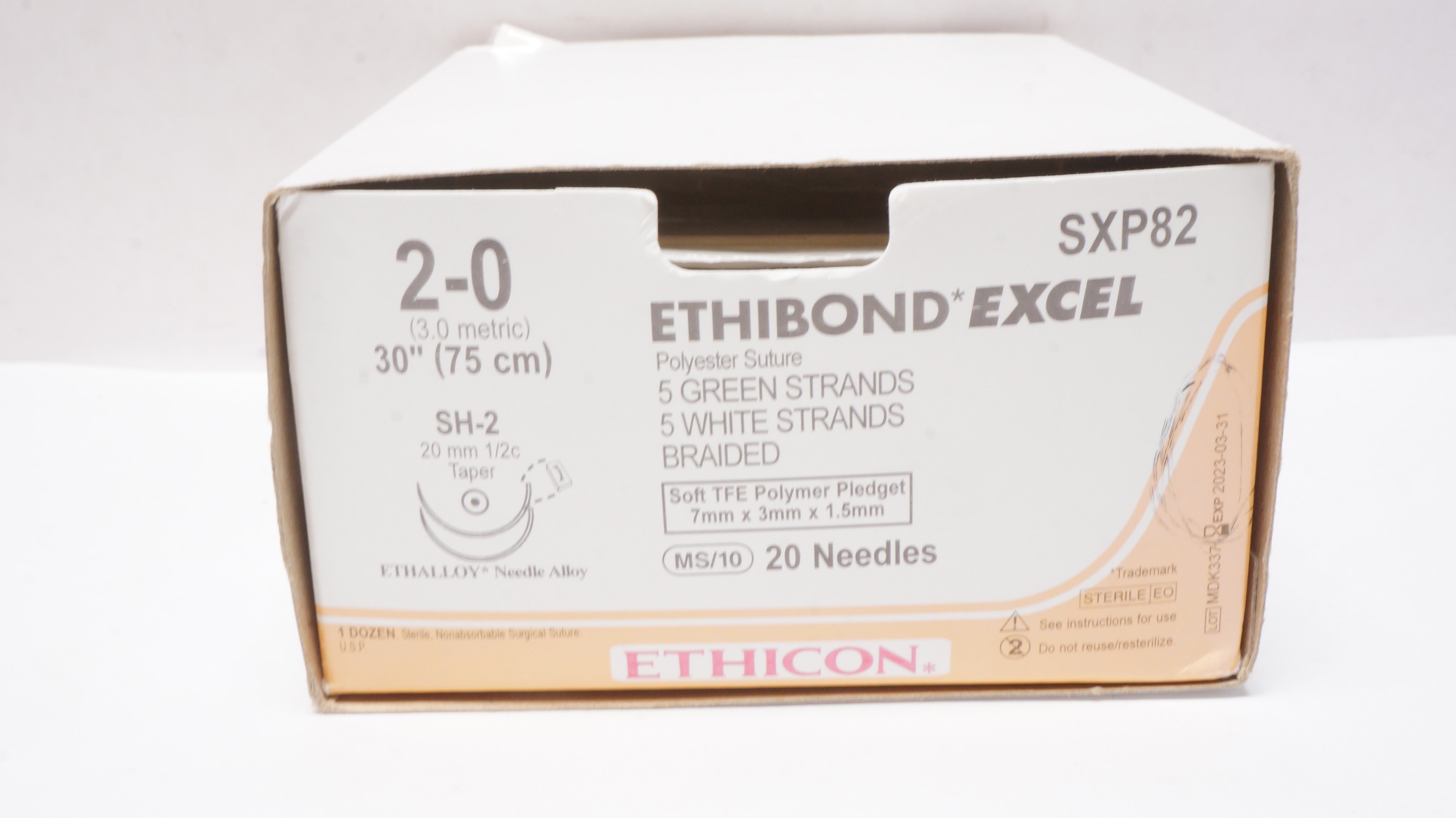 Ethicon SXP82 Ethibond Excel 2-0 GRN/WHT 30in. SH-2 DOUBLE ARMED (x) - Box of 8