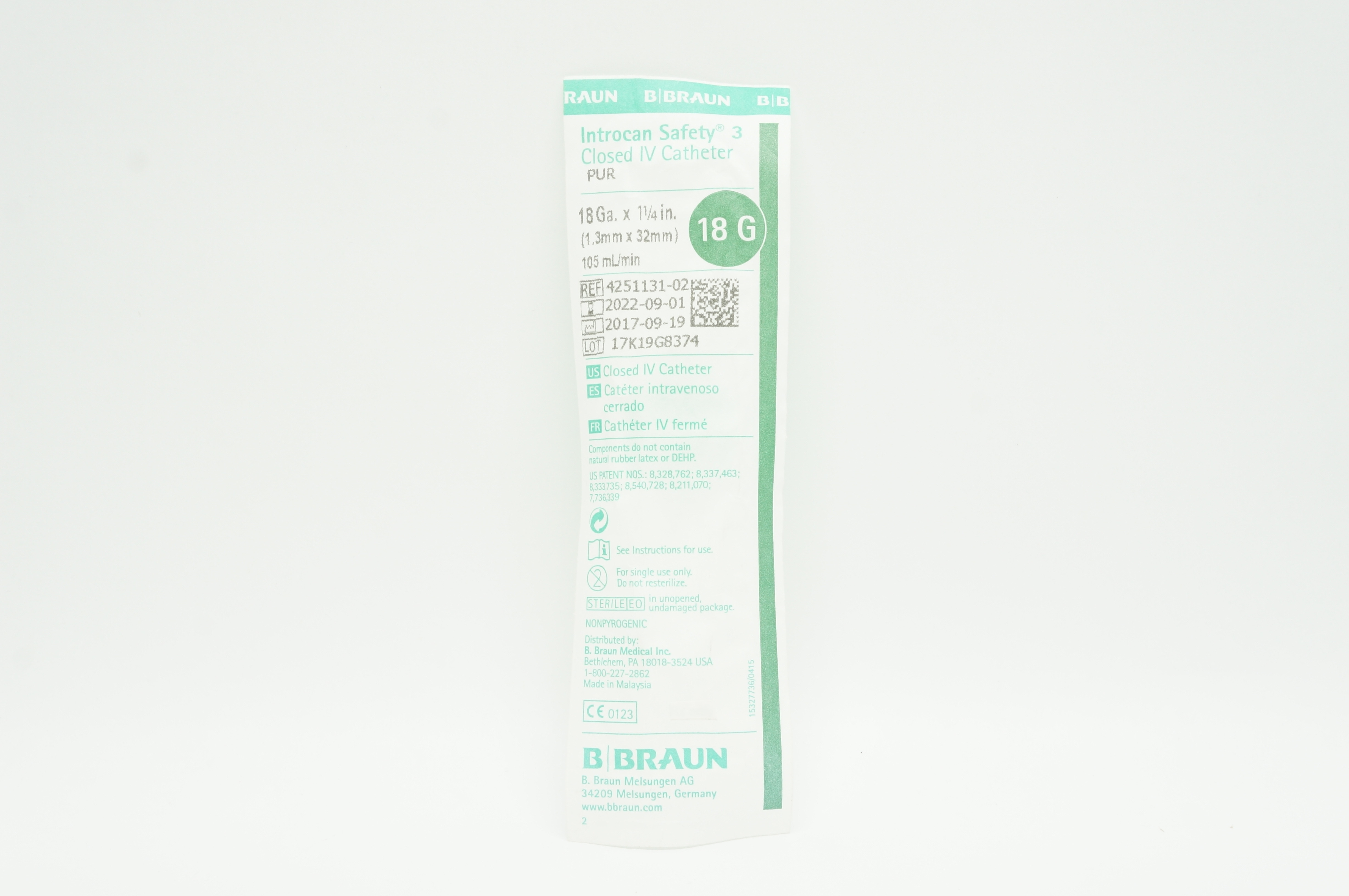 B.Braun 4251131-02 Introcan Safety 3 Closed IV Cath. PUR 18G x 1-1/4 in 105ml/min