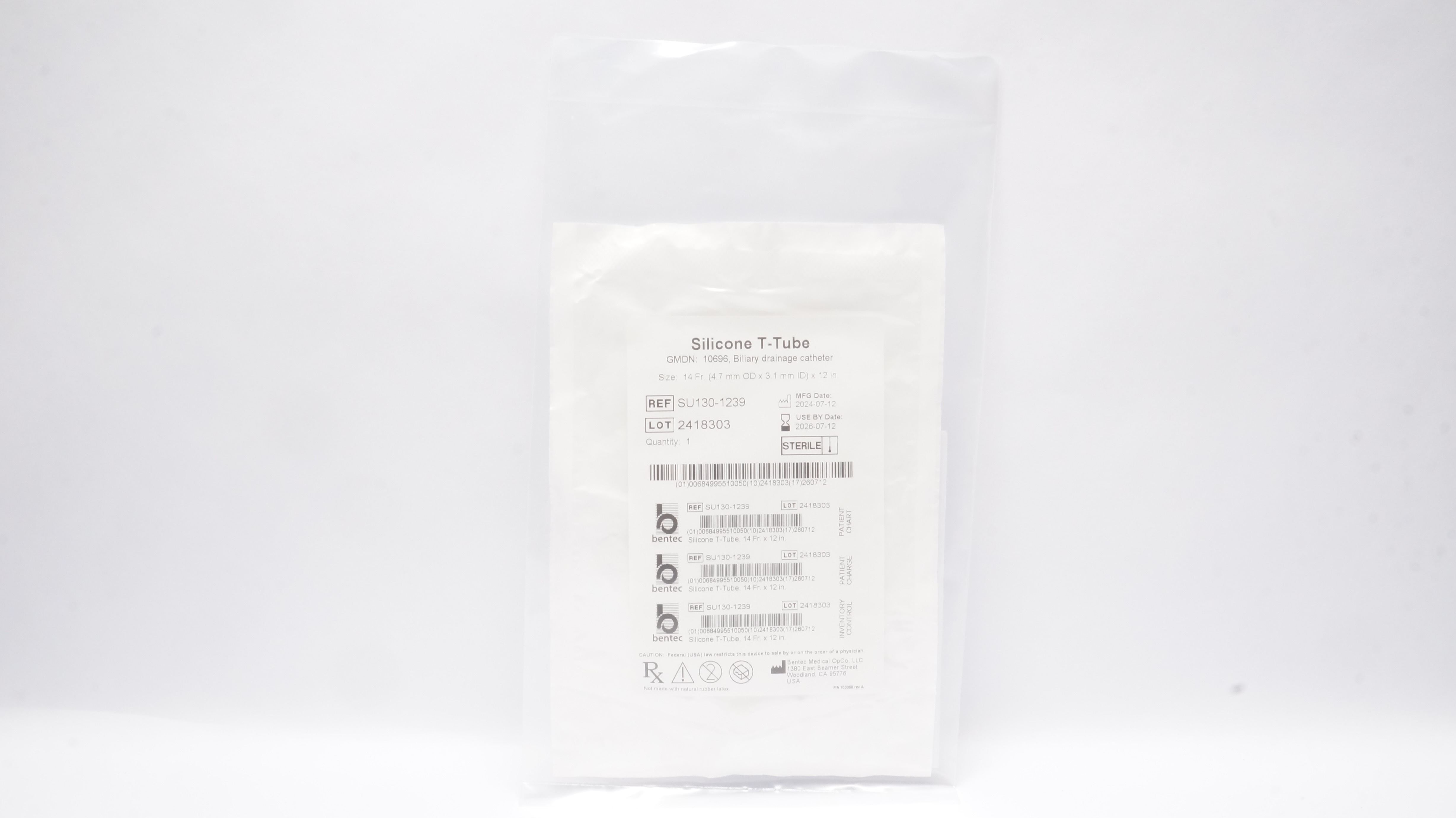 Bentec Medical SU130-1239 Silicone T-Tube Biliary Drainage Cath. 14Frx12inch