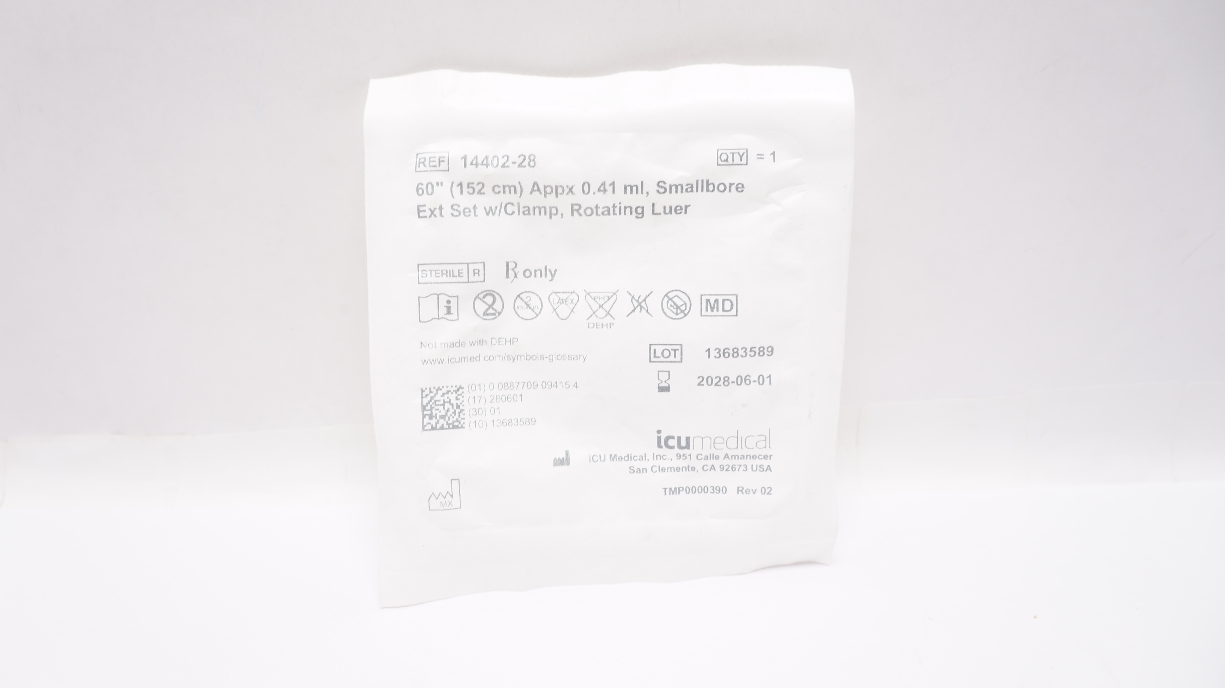 ICU Medical 14402-28 Smallbore Extension Set W/Clamp Rotating Luer 60inchx0.41mL