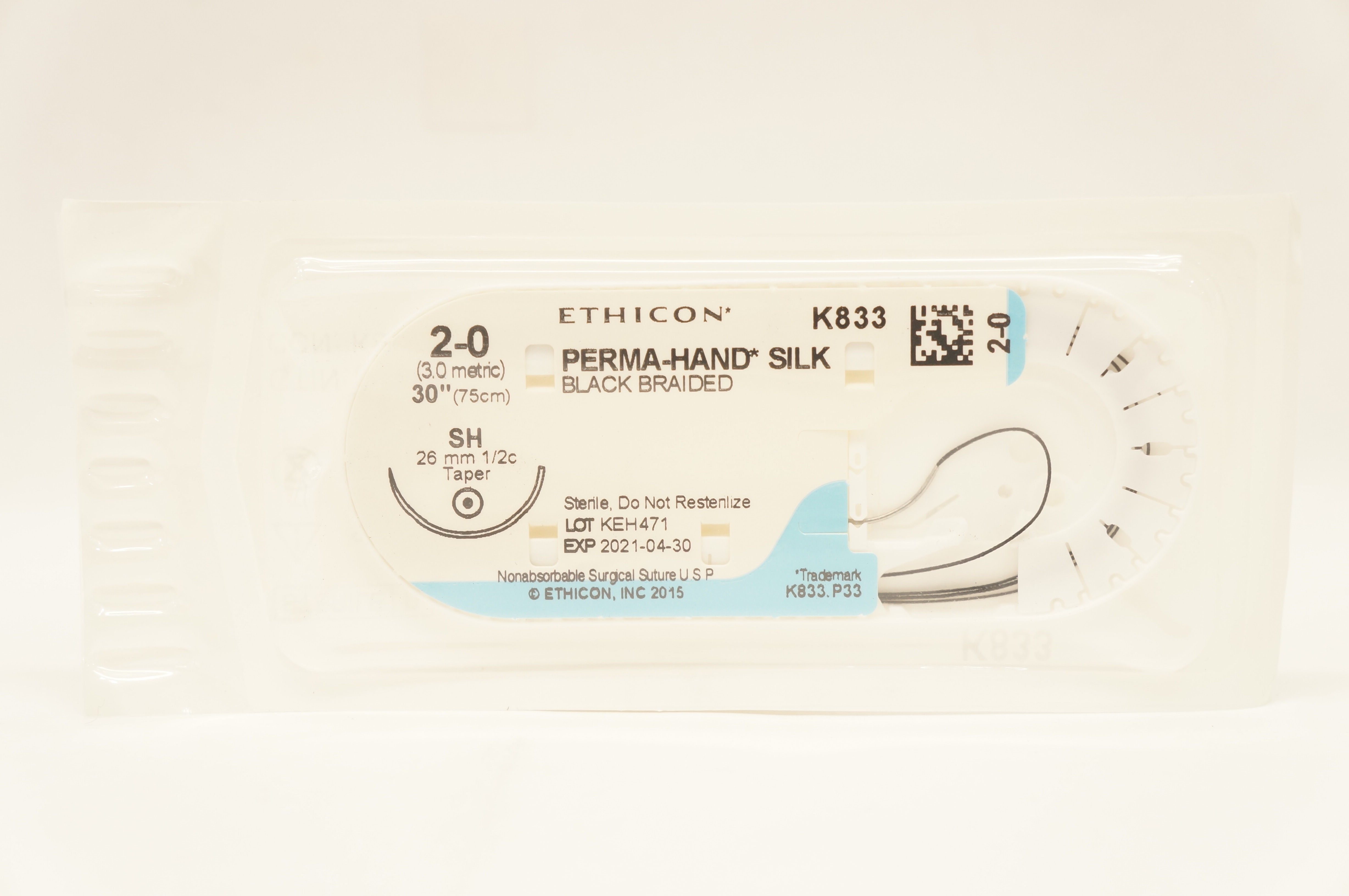 Ethicon K833 2-0 PERMA-HAND SILK Stre, SH 26mm 1/2c Taper, 30inch (x)