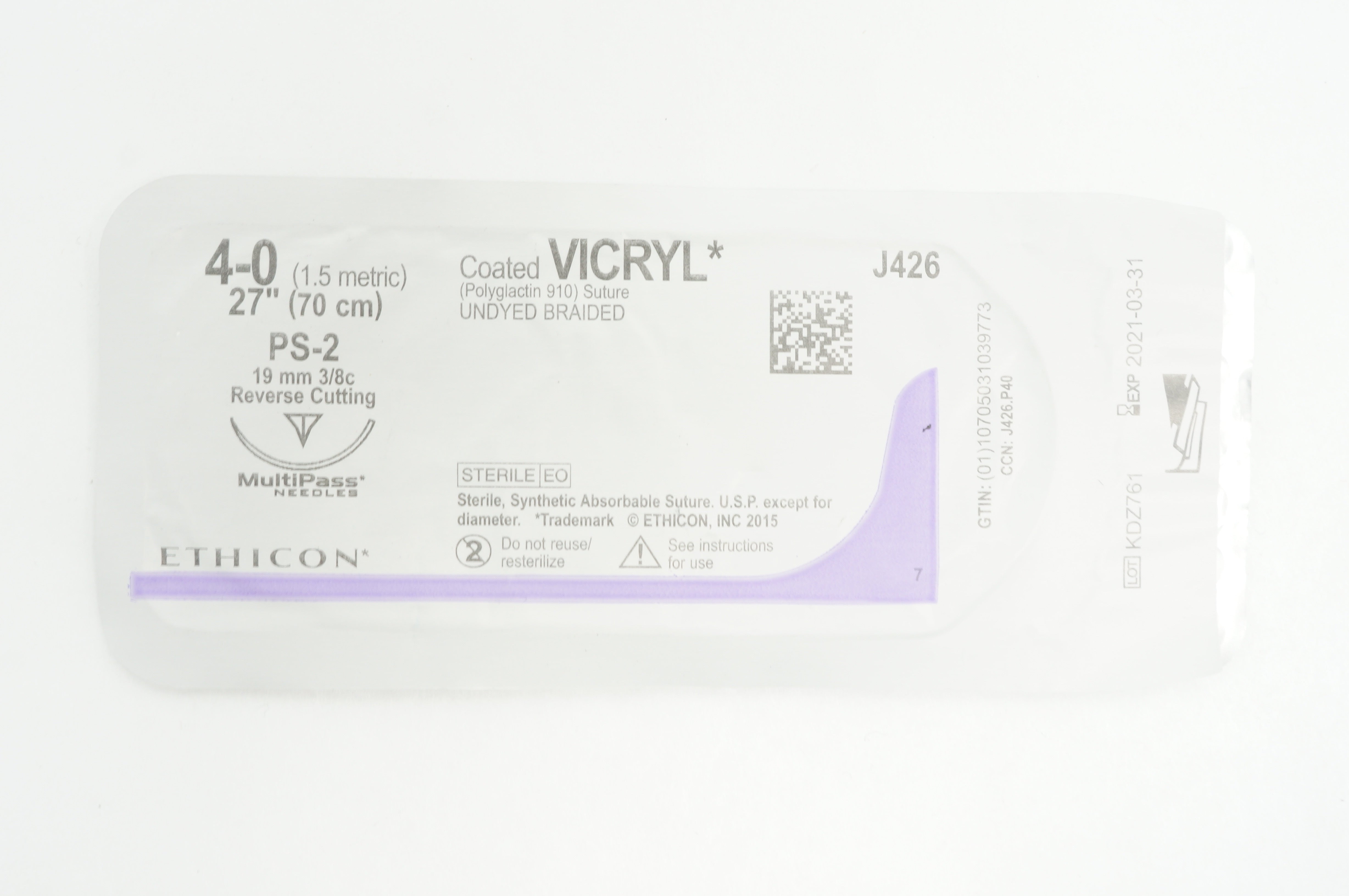 Ethicon J426 4-0 Coated VICRYL PS-2 19mm 3/8c Reverse Cutting, 27inch