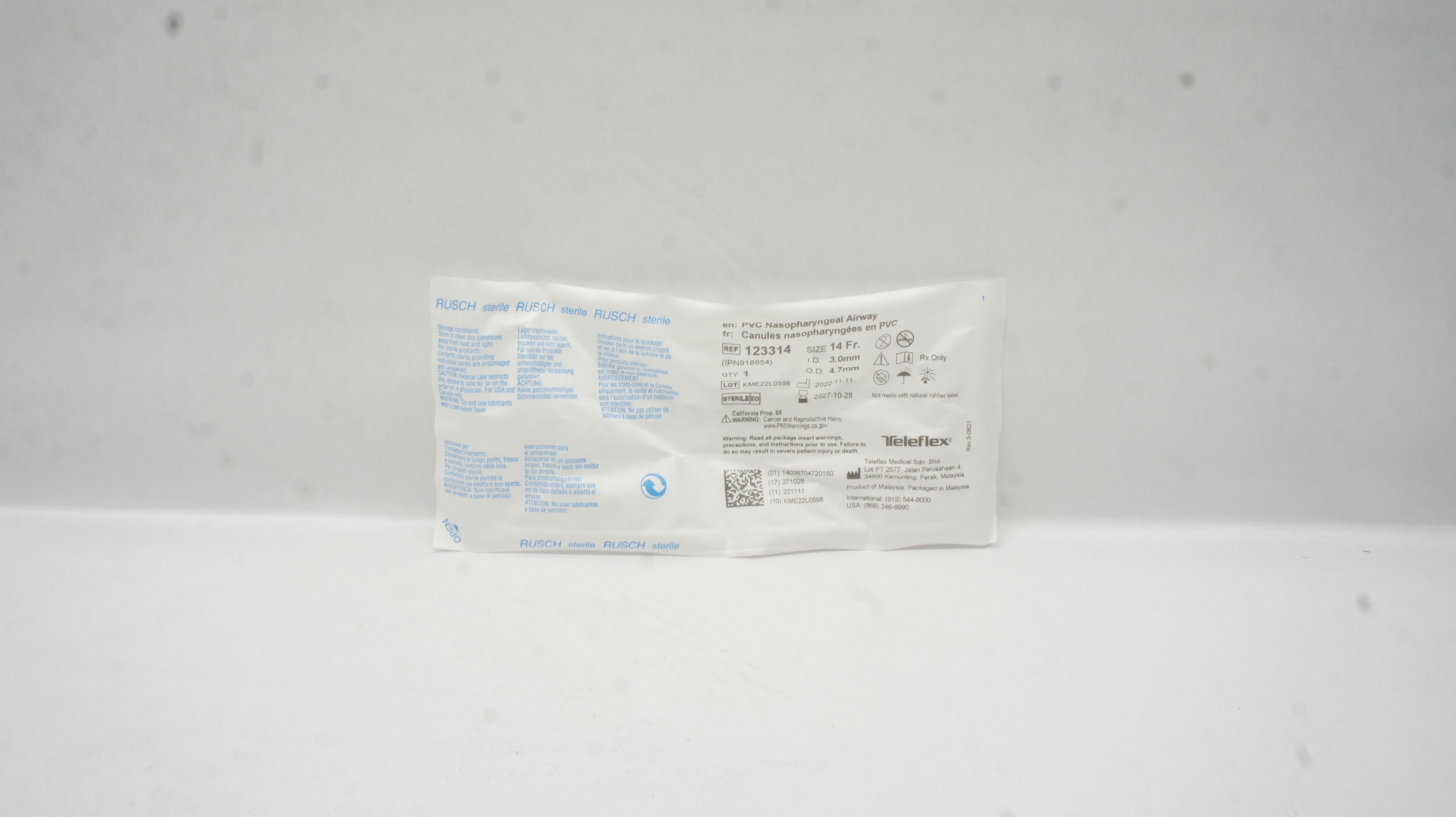 Teleflex 123314 Rusch PVC Nasopharyngeal Airway Size 14Fr. ID 3.0mm x OD 4.7mm