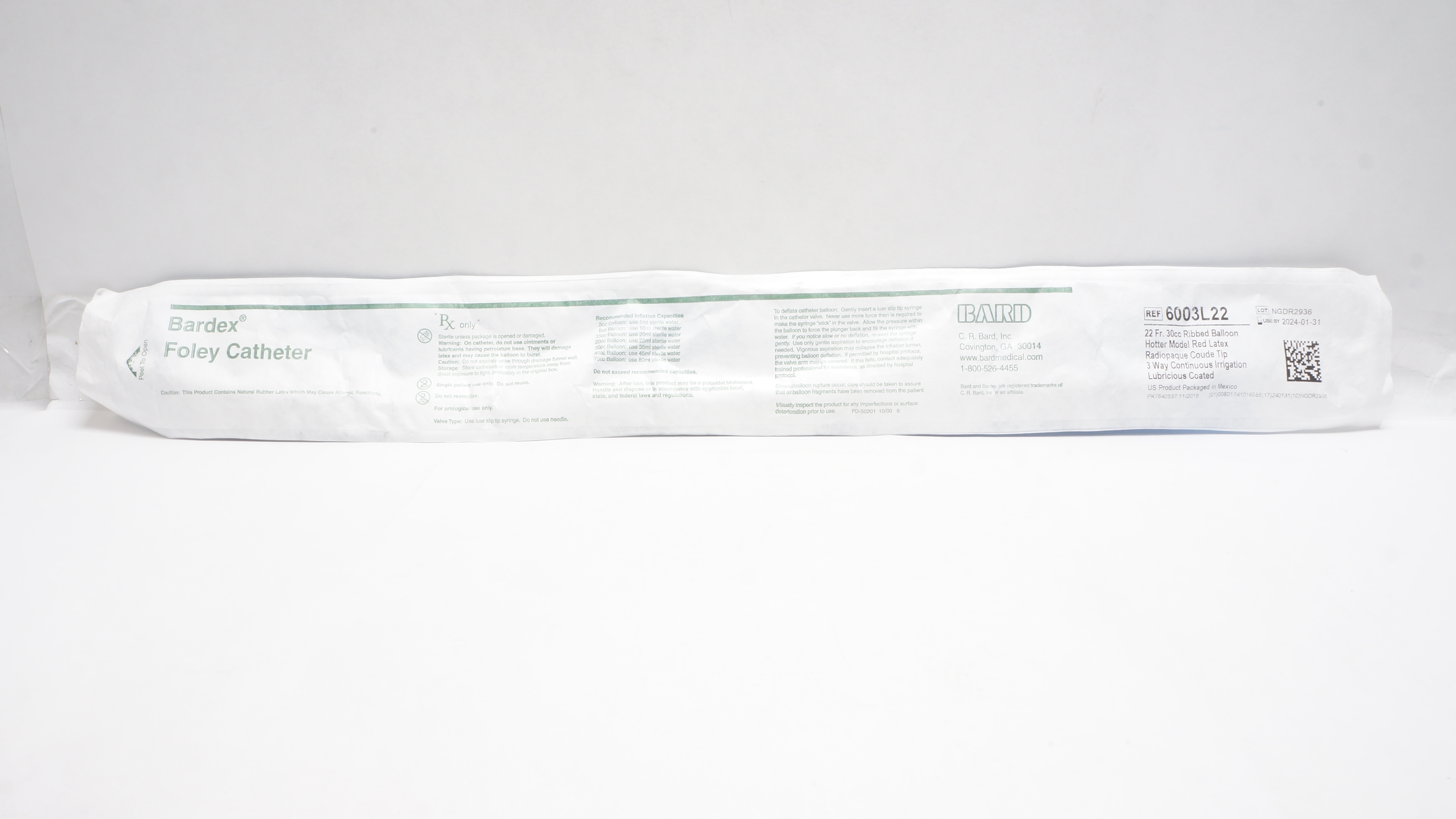 Bard 6003L22 Bardex Foley Cath. 22Fr 30cc Ribbed Balloon Hotter Model (x)