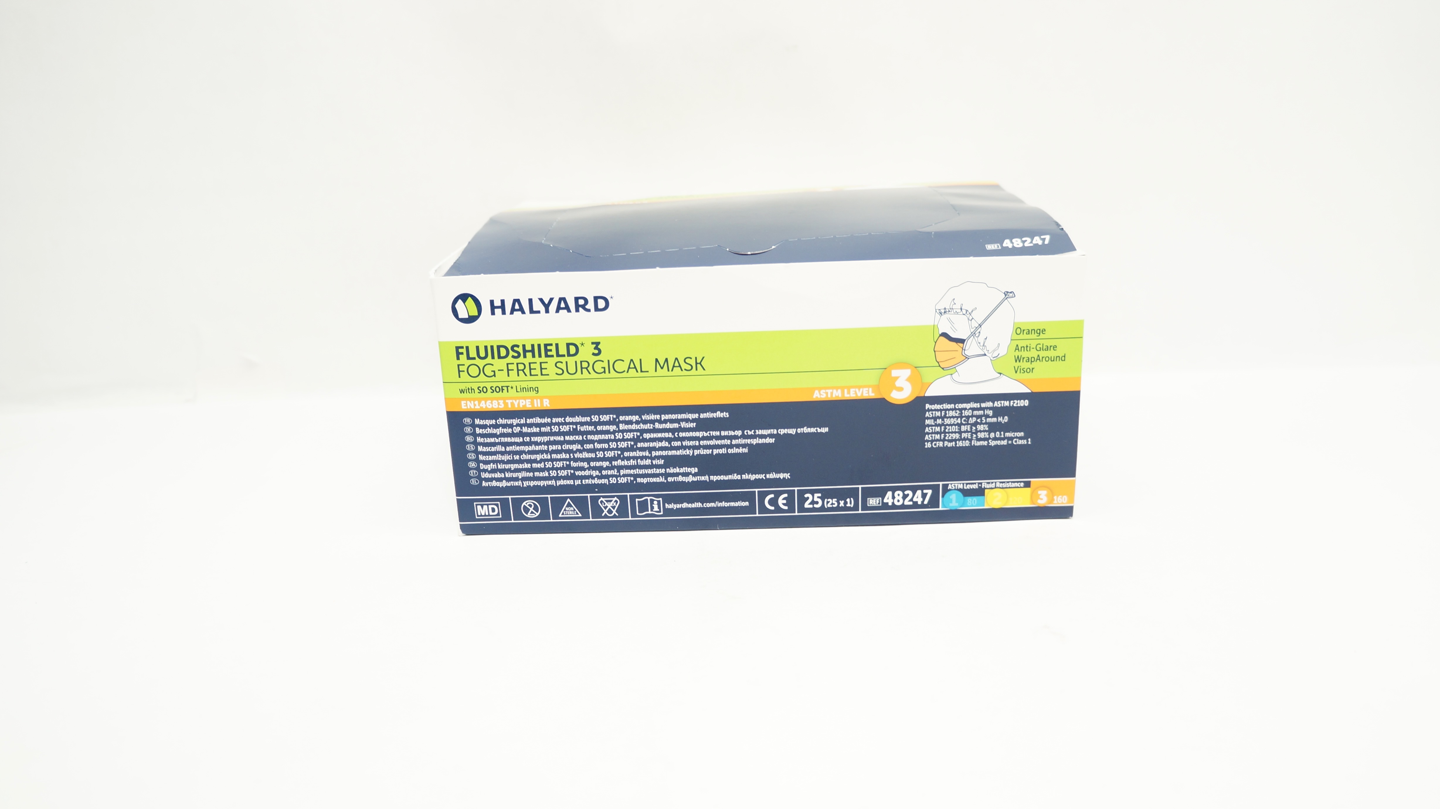 Halyard 48247 Fluidshield 3 Fog-Free Surgical Mask ASTM Level 3 - Box of 25