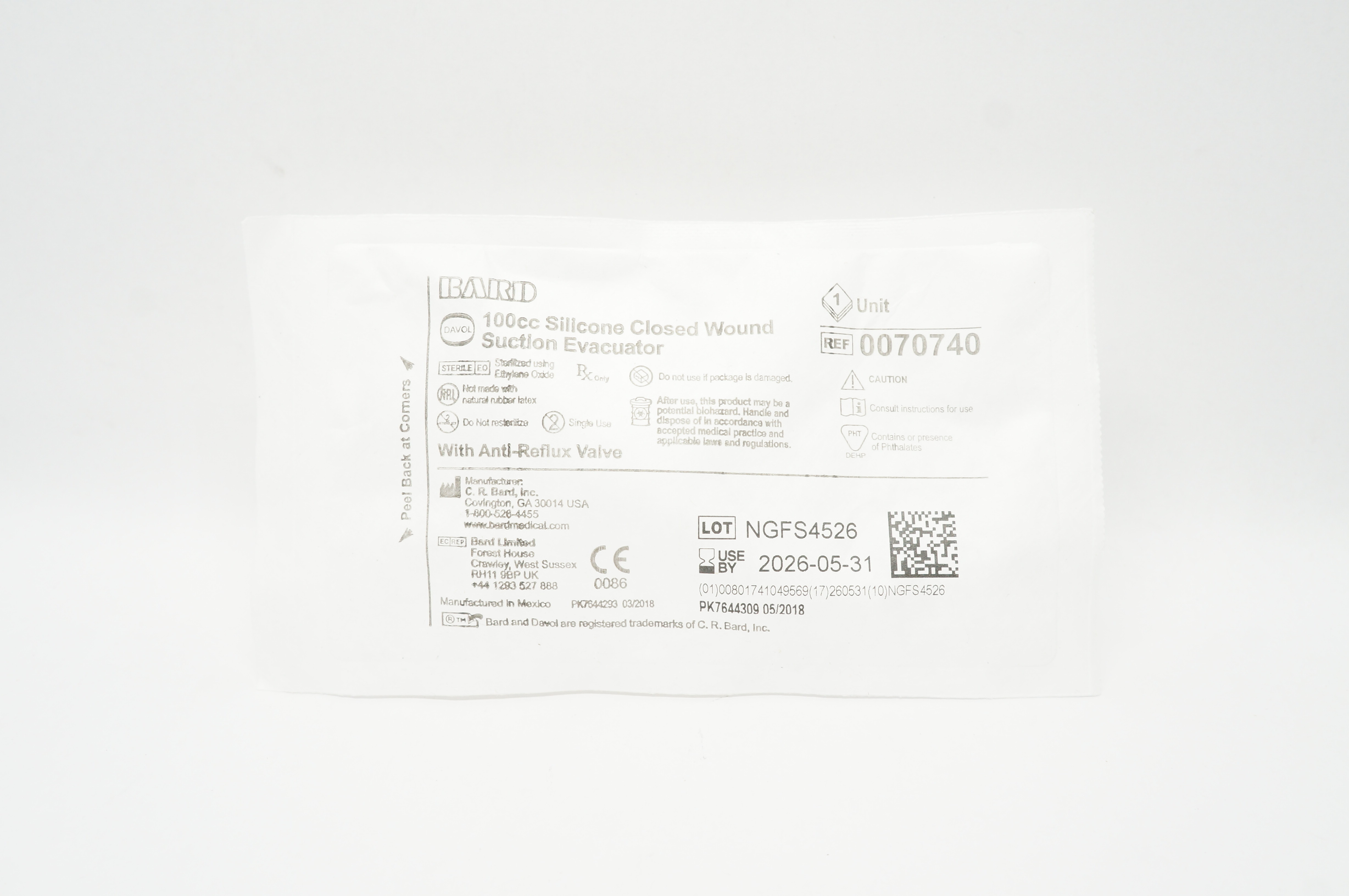 Bard 0070740 Davol Silicone Closed Wound Suction Evacuator 100cc