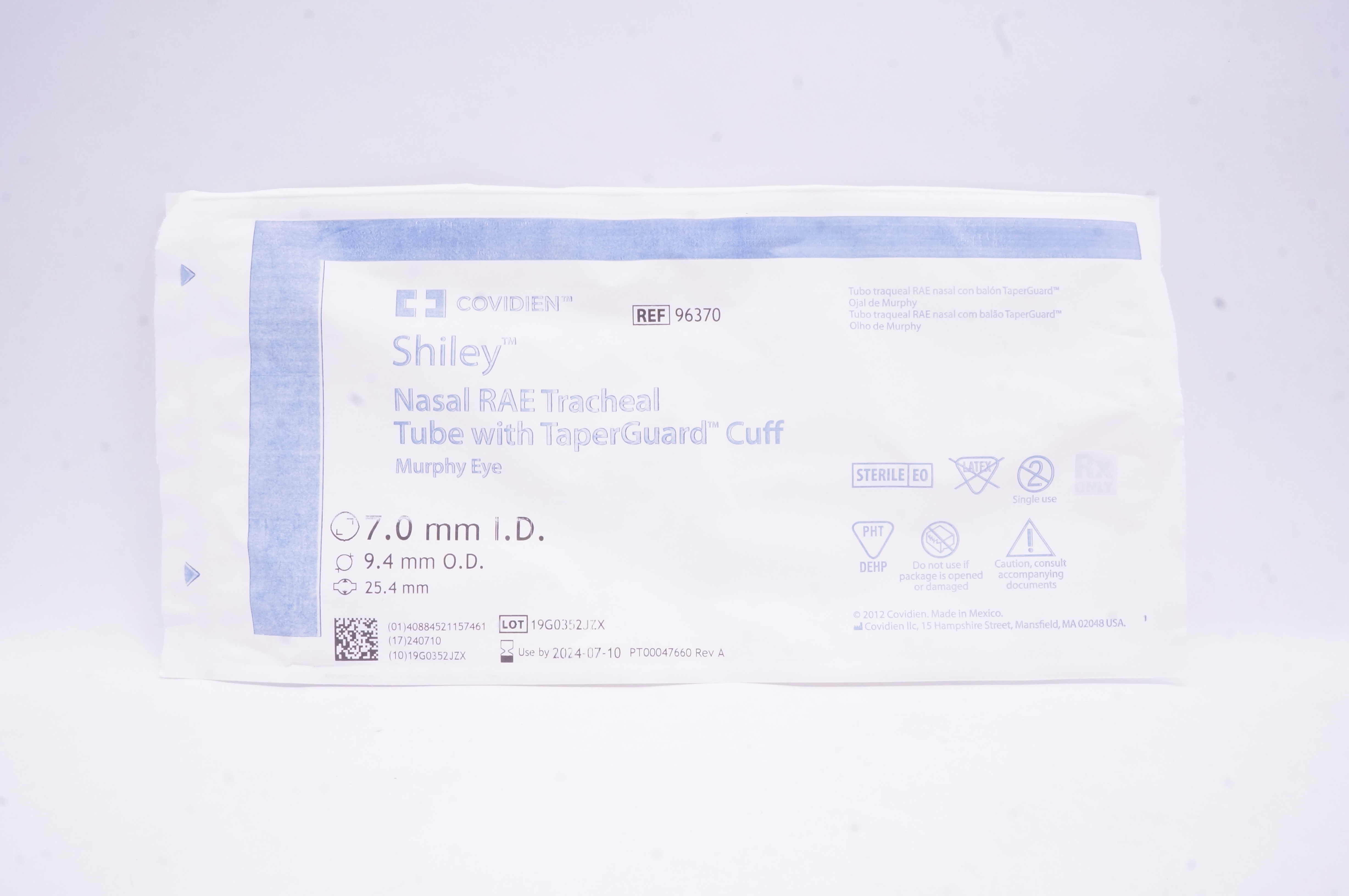 Covidien 96370 Shiley Nasal RAE Tracheal Tube with TaperGuard Cuff 7.0mm ID
