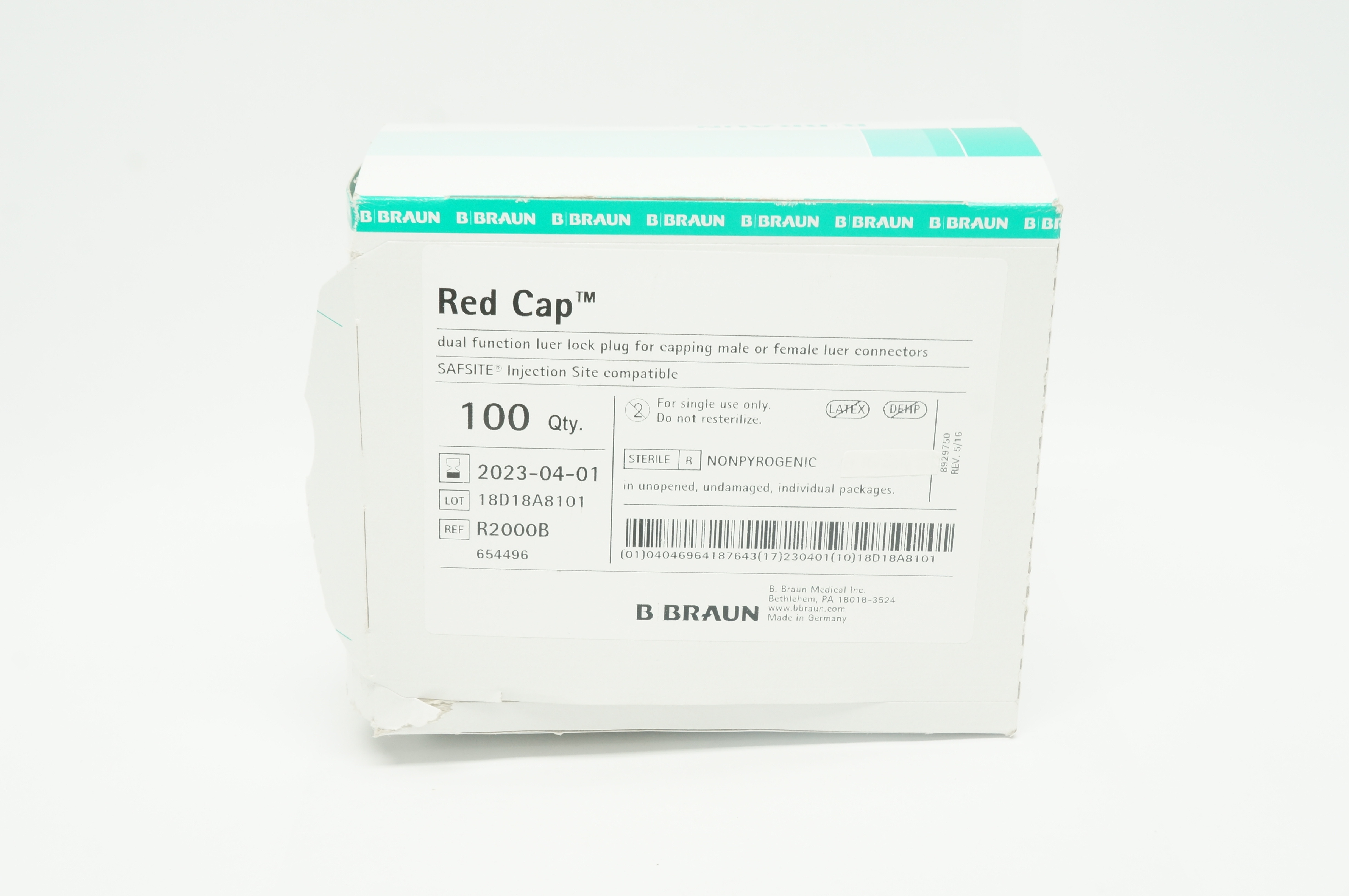 Braun R2000B Red Cap Dual Function Luer Lock Plug - Box of 100