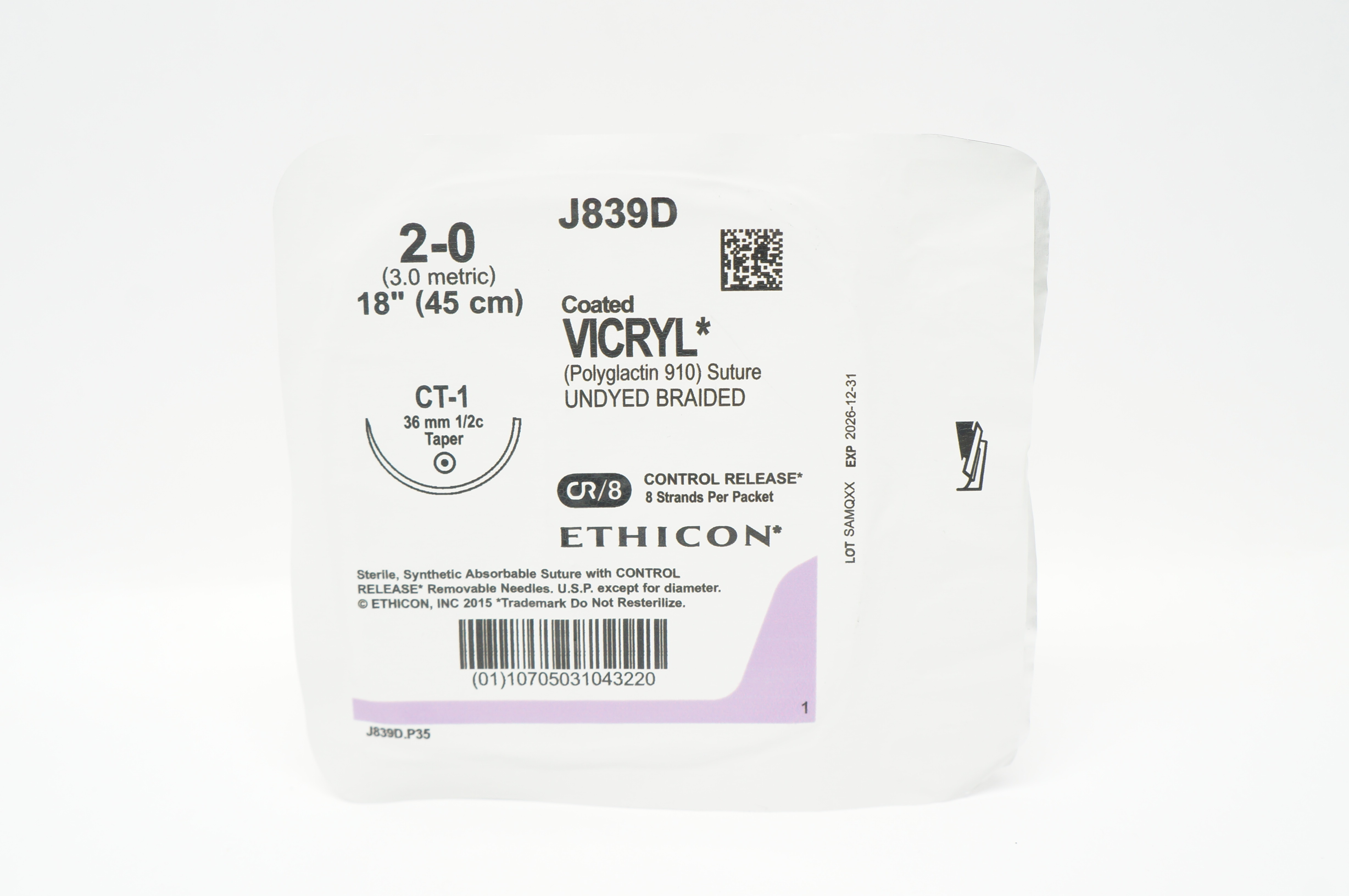 Ethicon J839D 2-0 Coated VICRYL Stre CT-1 36mm 1/2c Taper, 18 inch
