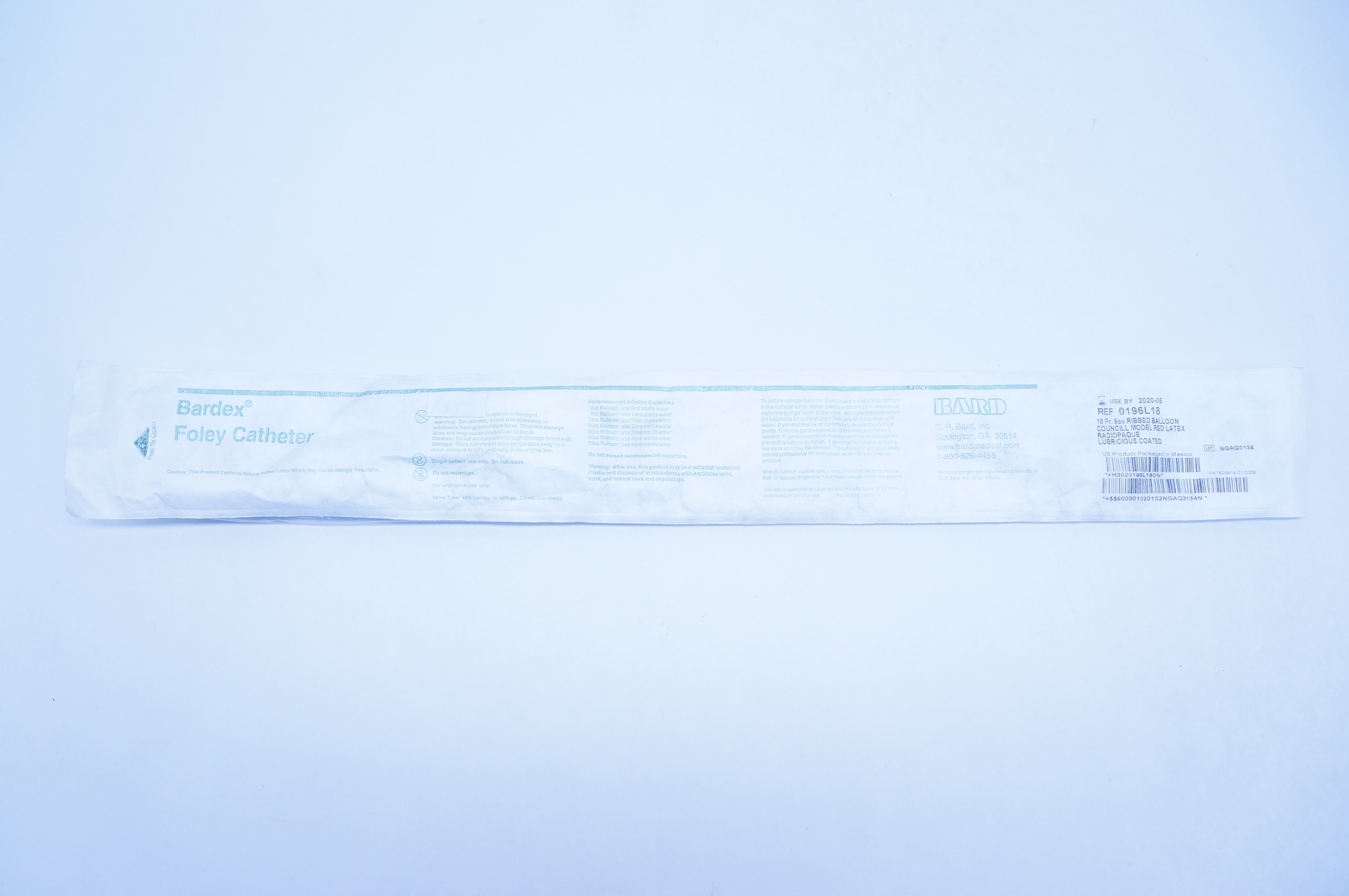 Bard 0196L18 Bardex Foley Cath. 18Fr. 5cc. Balloon - 10 ml. Sterile Water (x)