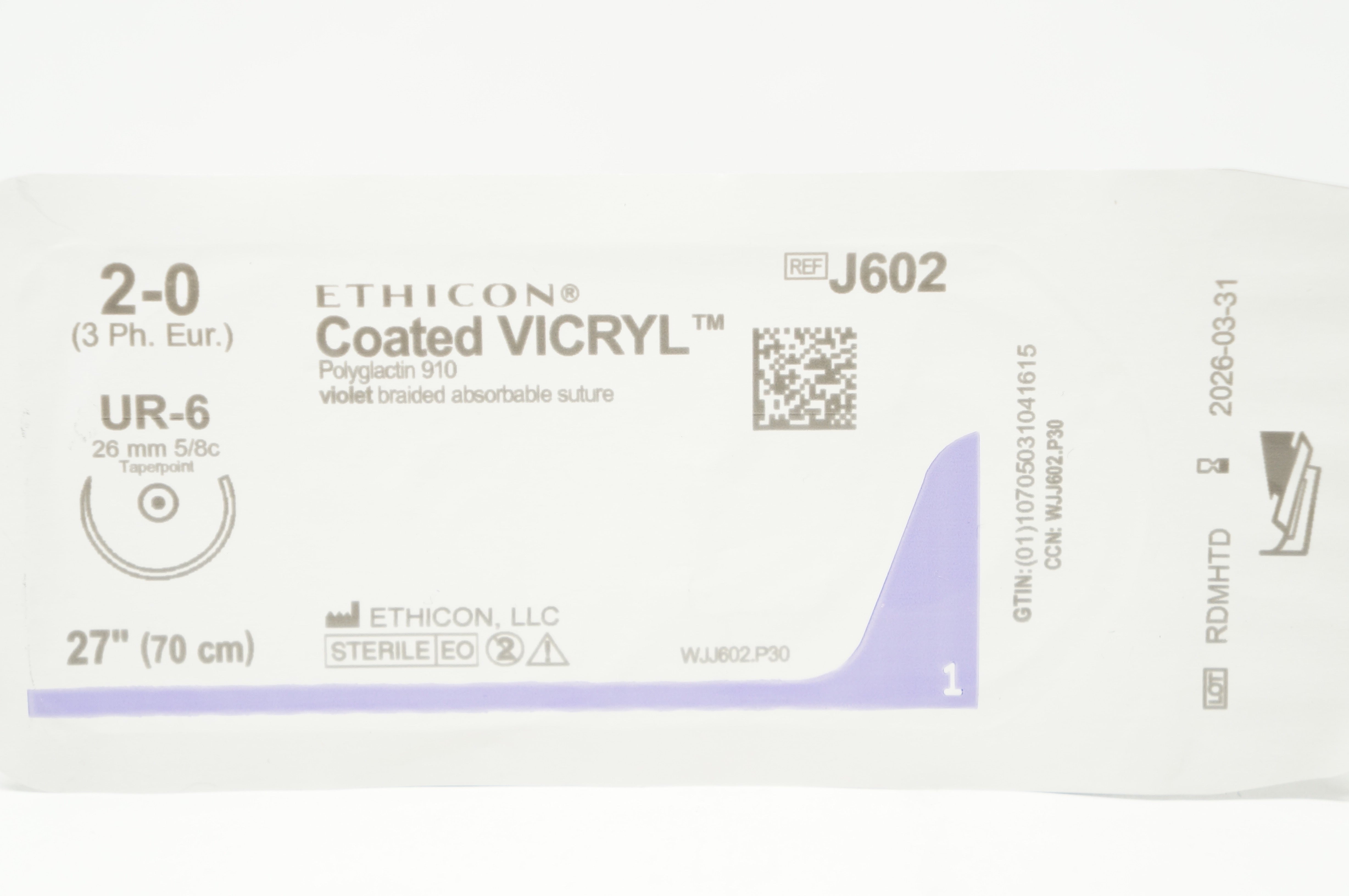Ethicon J602 2-0 Coated VICRYL Polyglactin 910 UR-6 26mm 5/8c Taper 27inch