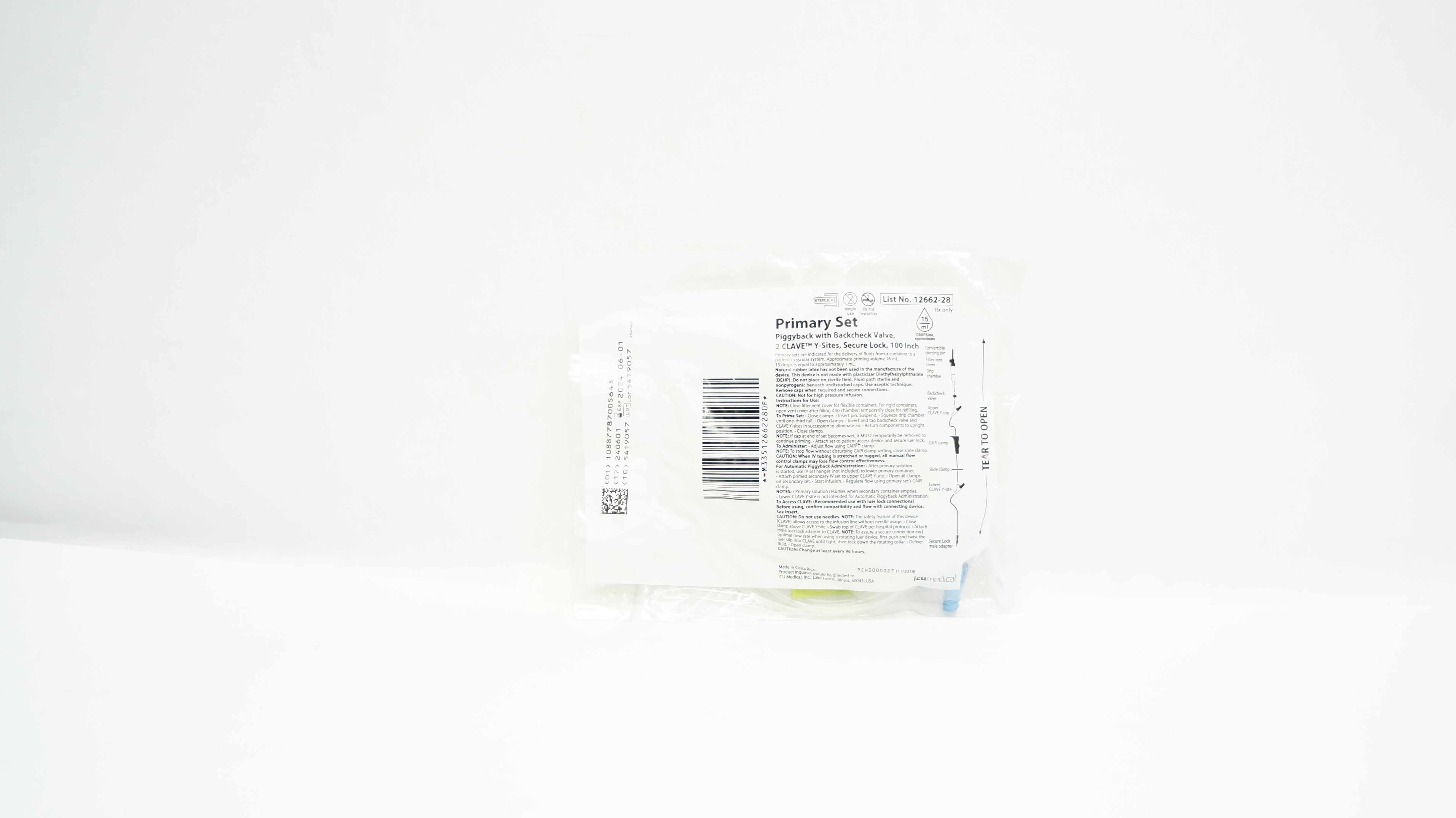 IcuMedical 12662-28 Primary Set Piggyback 2 Clave Y-Sites Secure Lock, 100 Inch