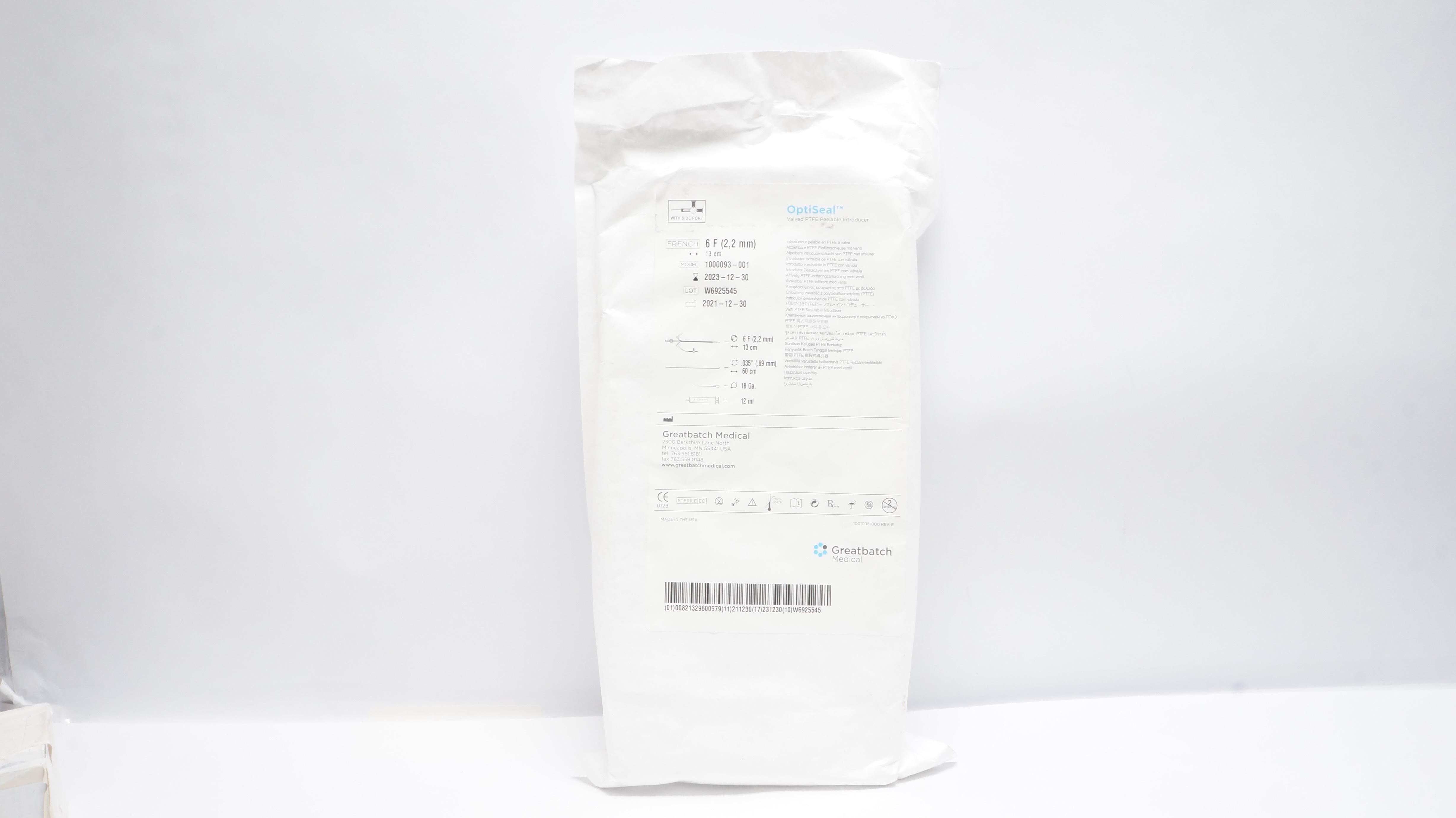 Greatbatch Medical 1000093-001 OptiSeal Valved PTFE Peelable Introducer (x)