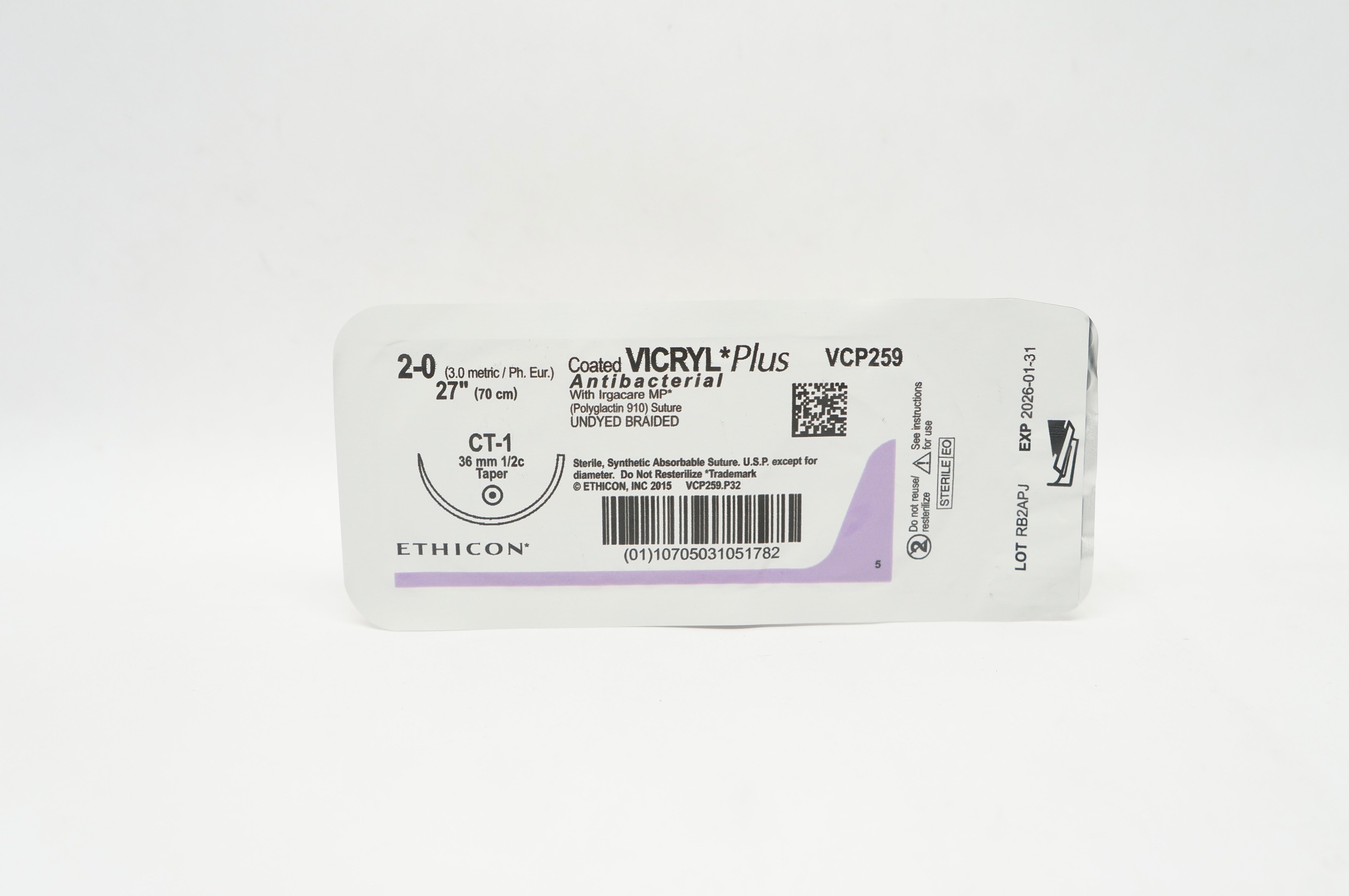 Ethicon VCP259 2-0 VICRYL PLus Polyglactin 910 Stre CT-1 36mm 1/2c Taper, 27inch
