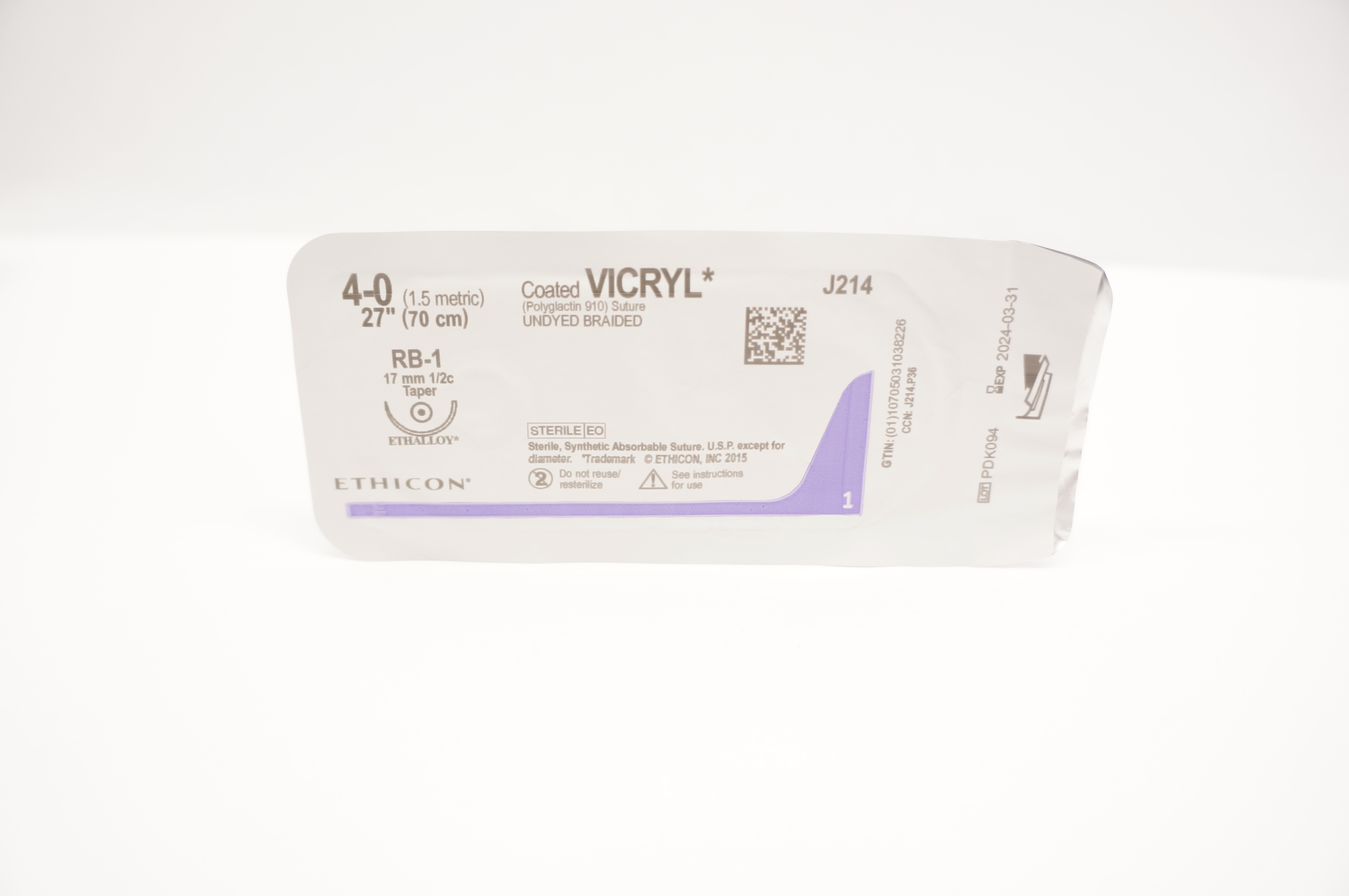 Ethicon J214 4-0 Coated Vicryl Undyed Braided Stre RB-1 Taper 17mm 1/2c, 27inch