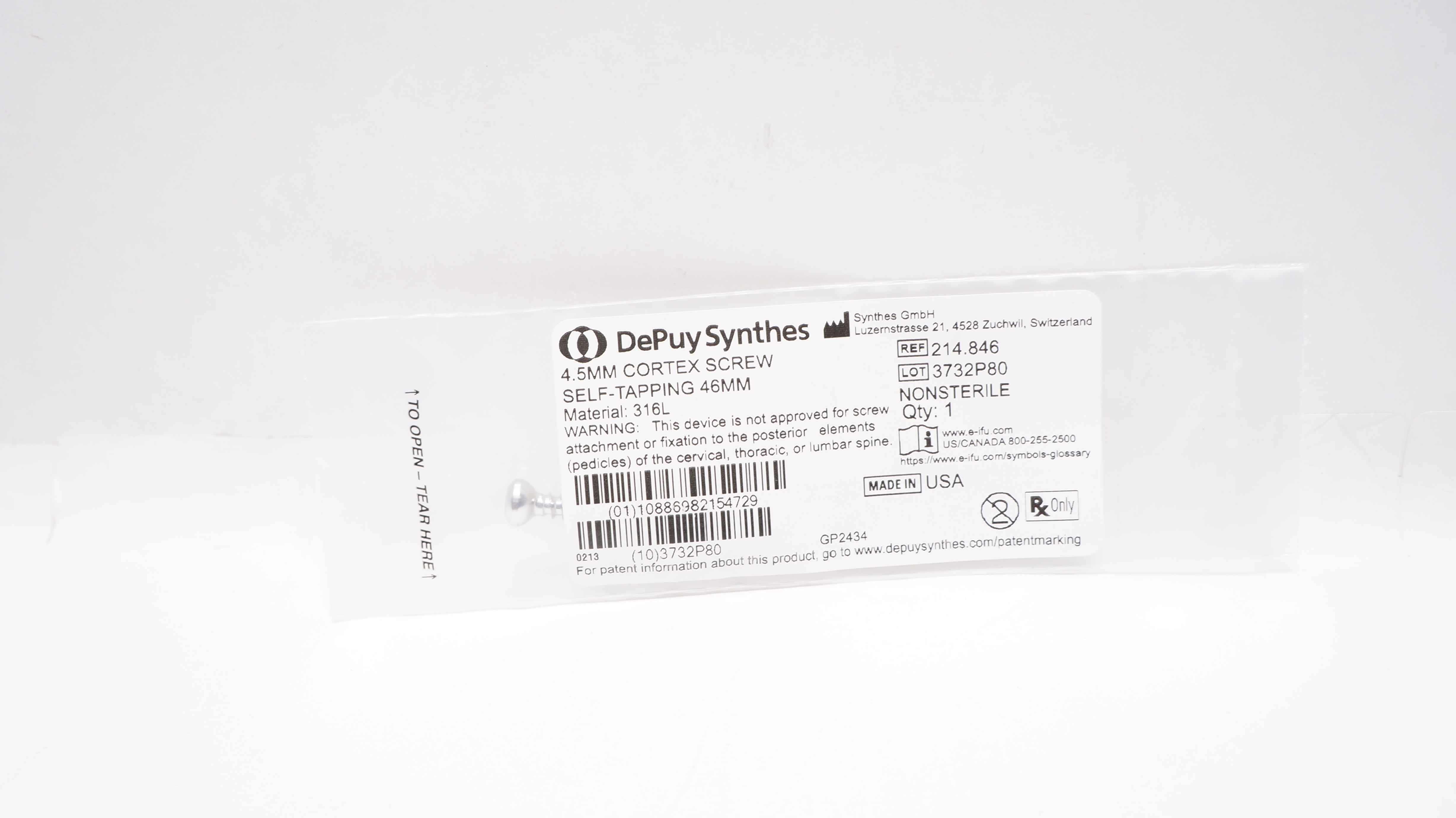DePuySynthes 214.846 4.5mm Cortex Screw Self-Tapping 46mm