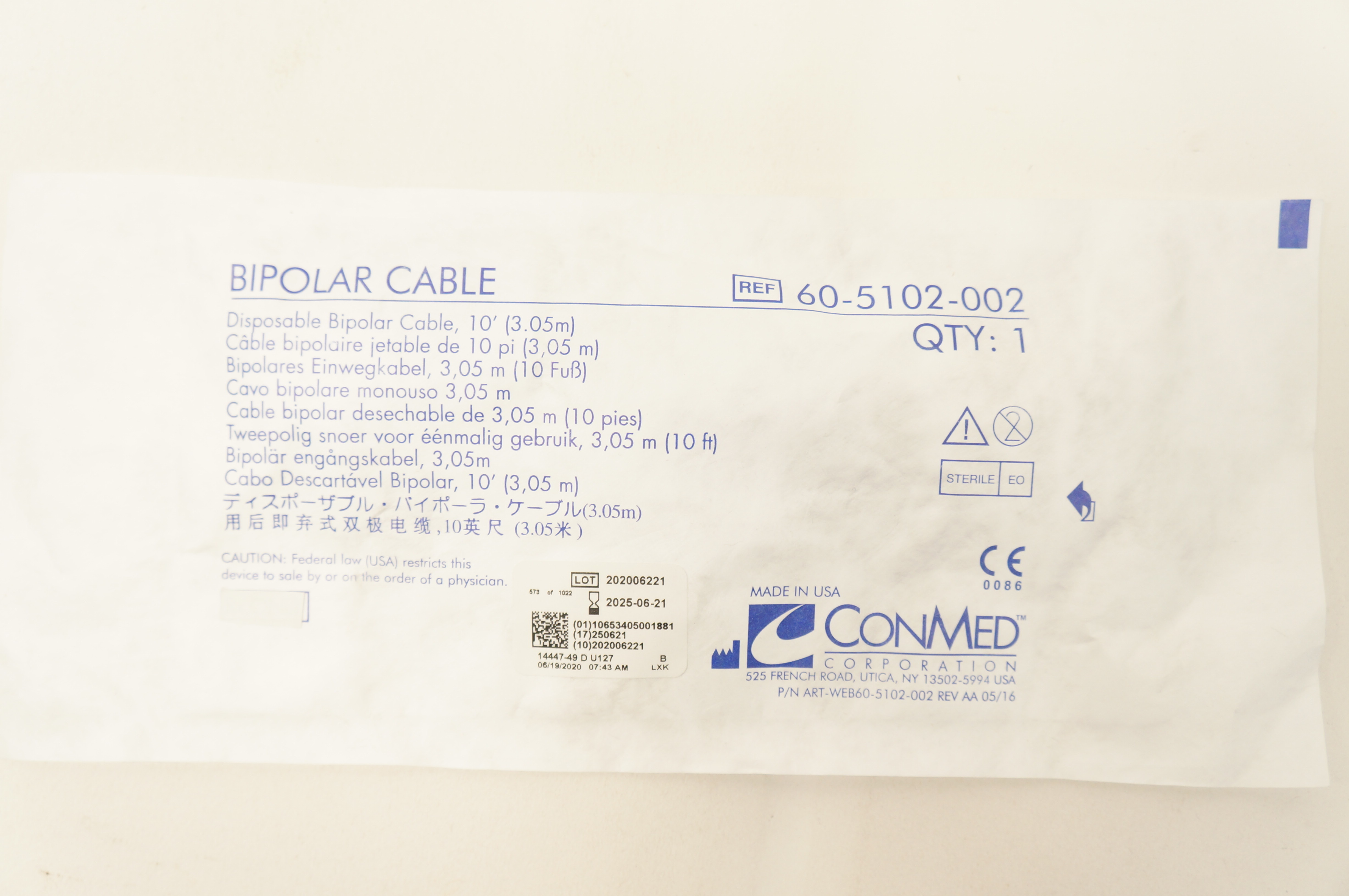 ConMed 60-5102-002 Disposable Bipolar Cable 10 Fr.