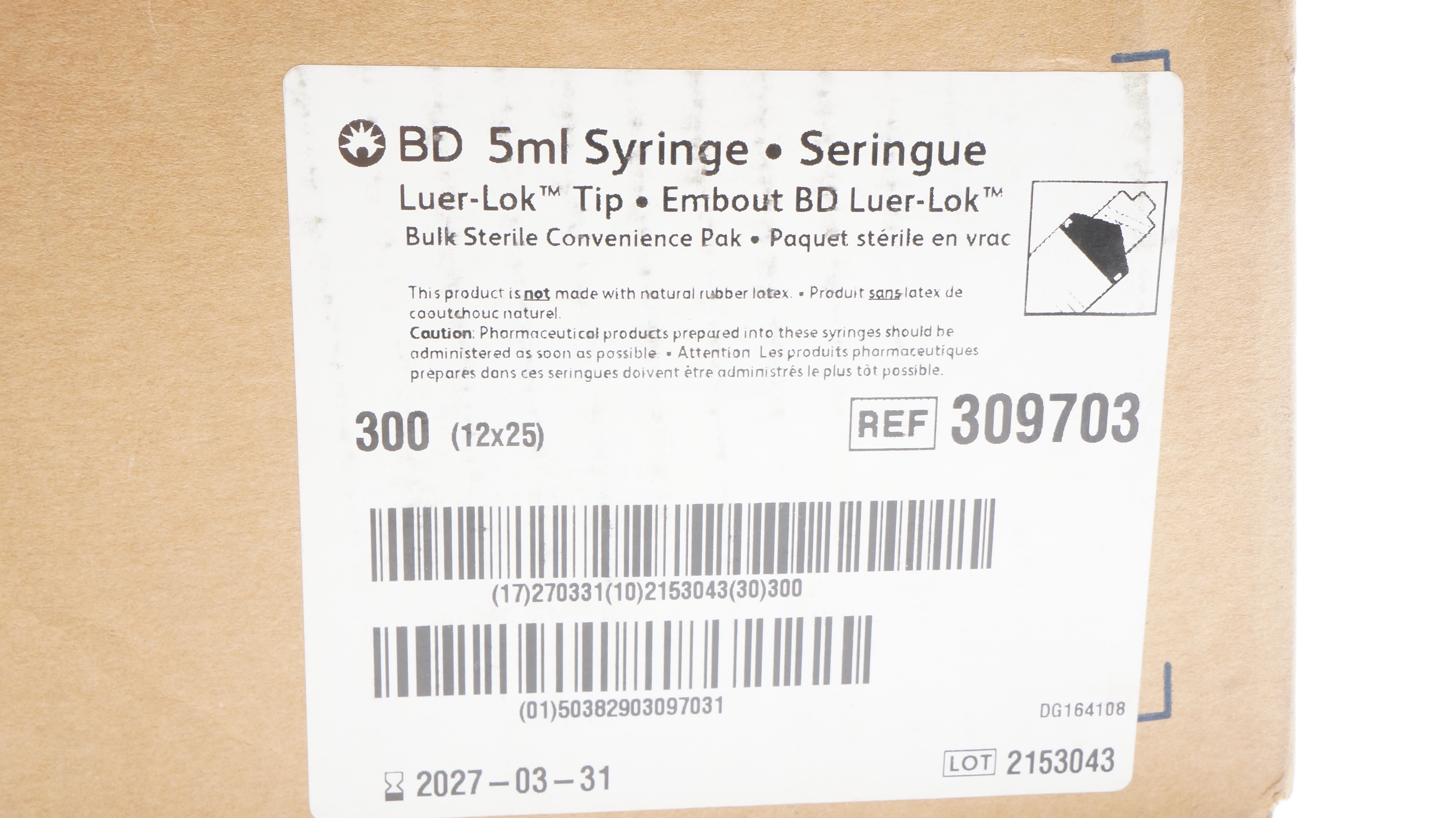 BD 309703 Luer-Lok Tip 5ml Syringe - Case of 300