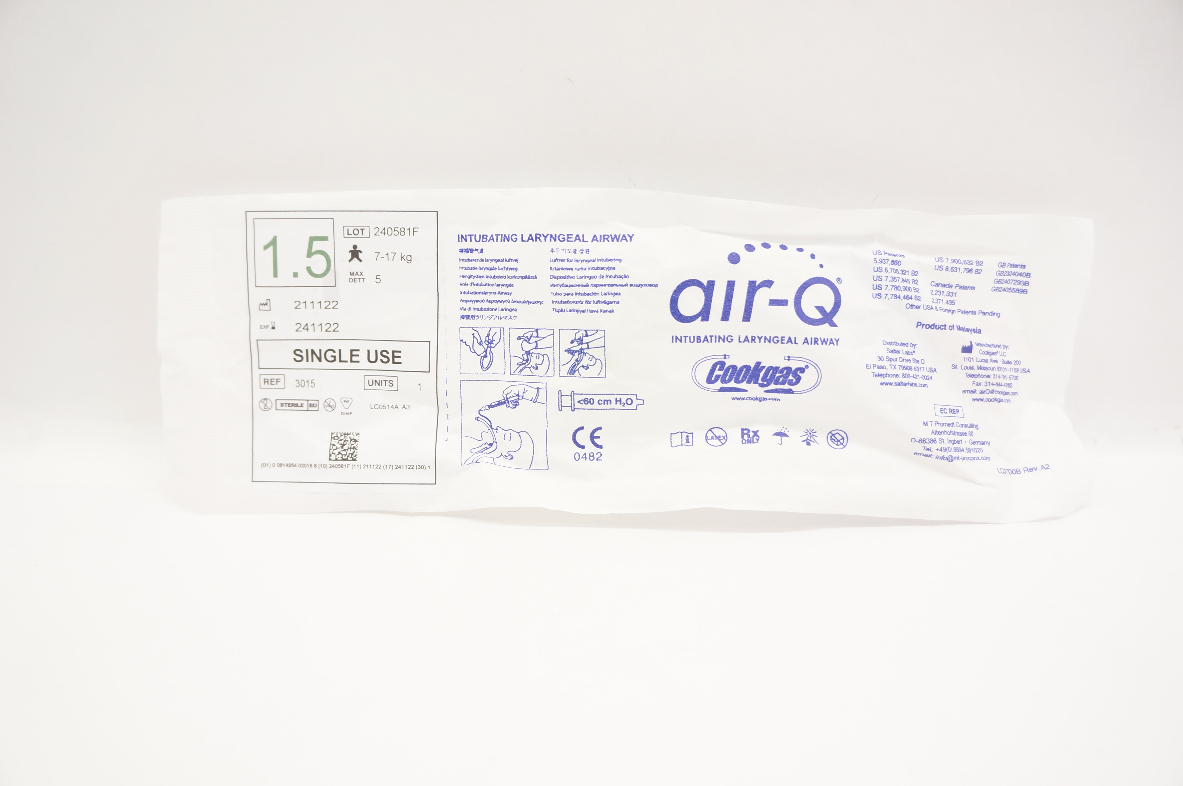 Cookgas 3015 Air-Q Intubating Laryngeal Airway Size 1.5 7-17kg