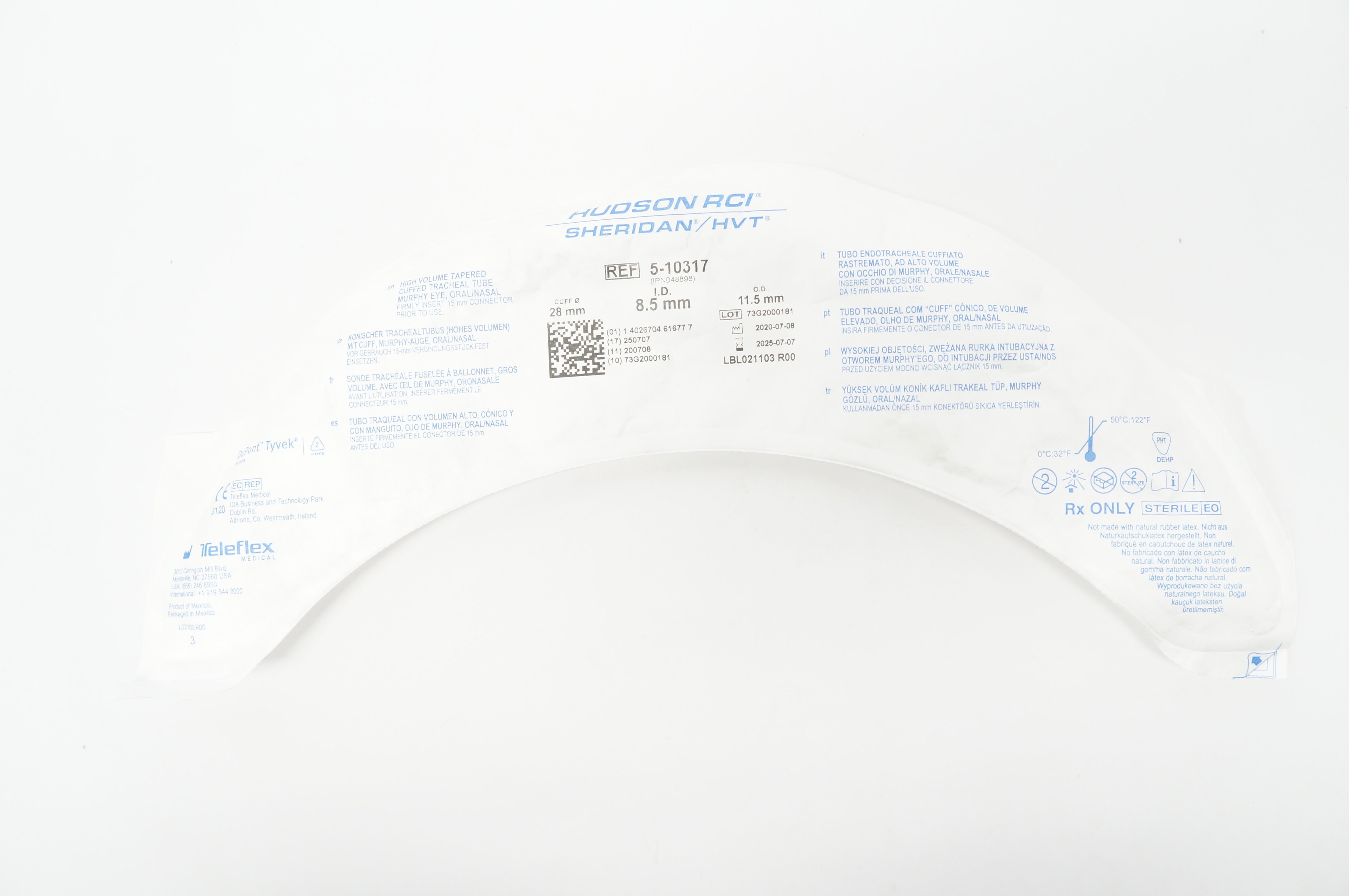 Teleflex 5-10317 High Volume Tapered Cuffed Tracheal Tube 8.5mm ID x 11.5mm OD