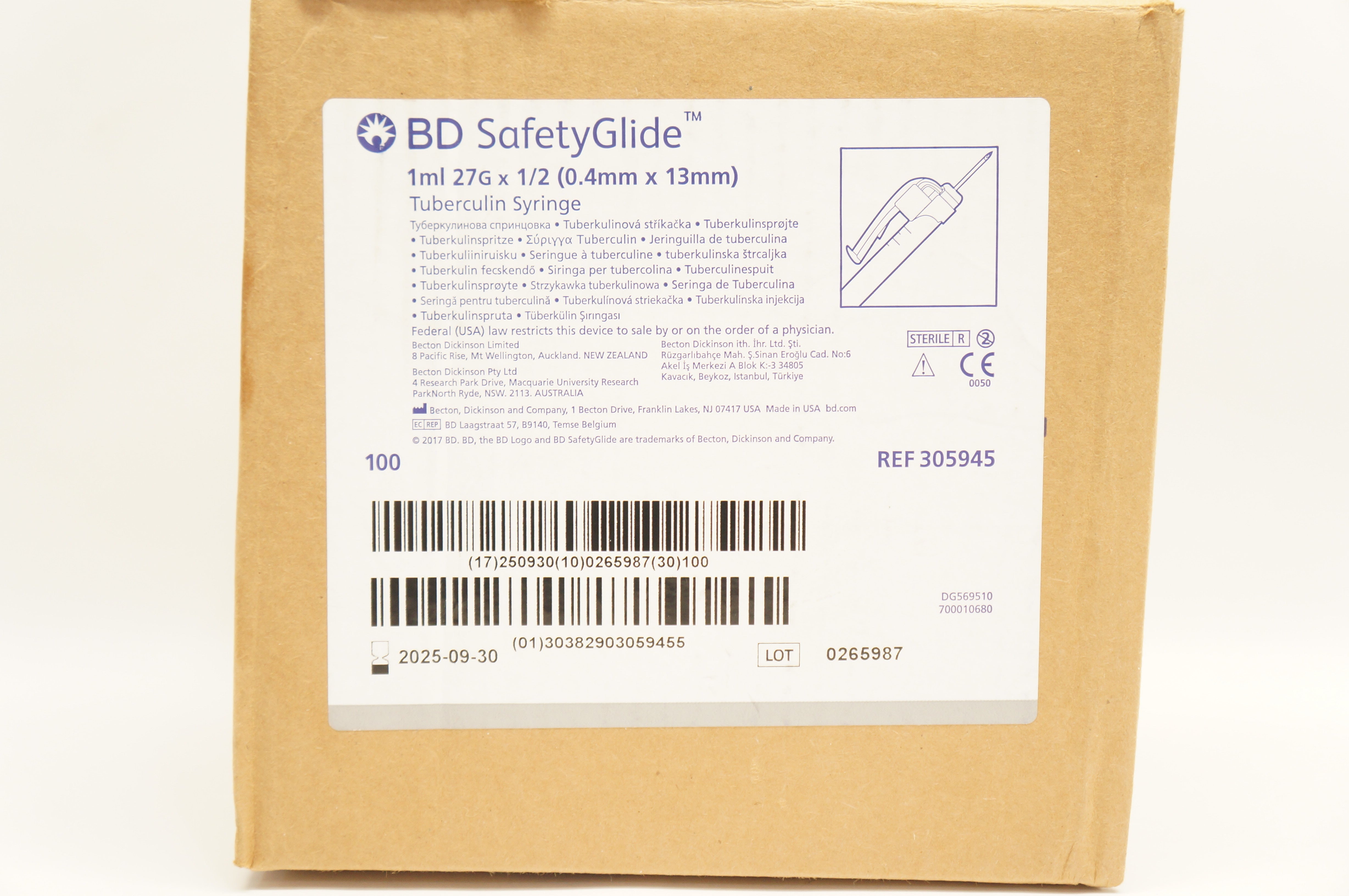 BD 305945 SafetyGlide Tuberculin Syringe 1ml 27G x 1/2 - Box of 100