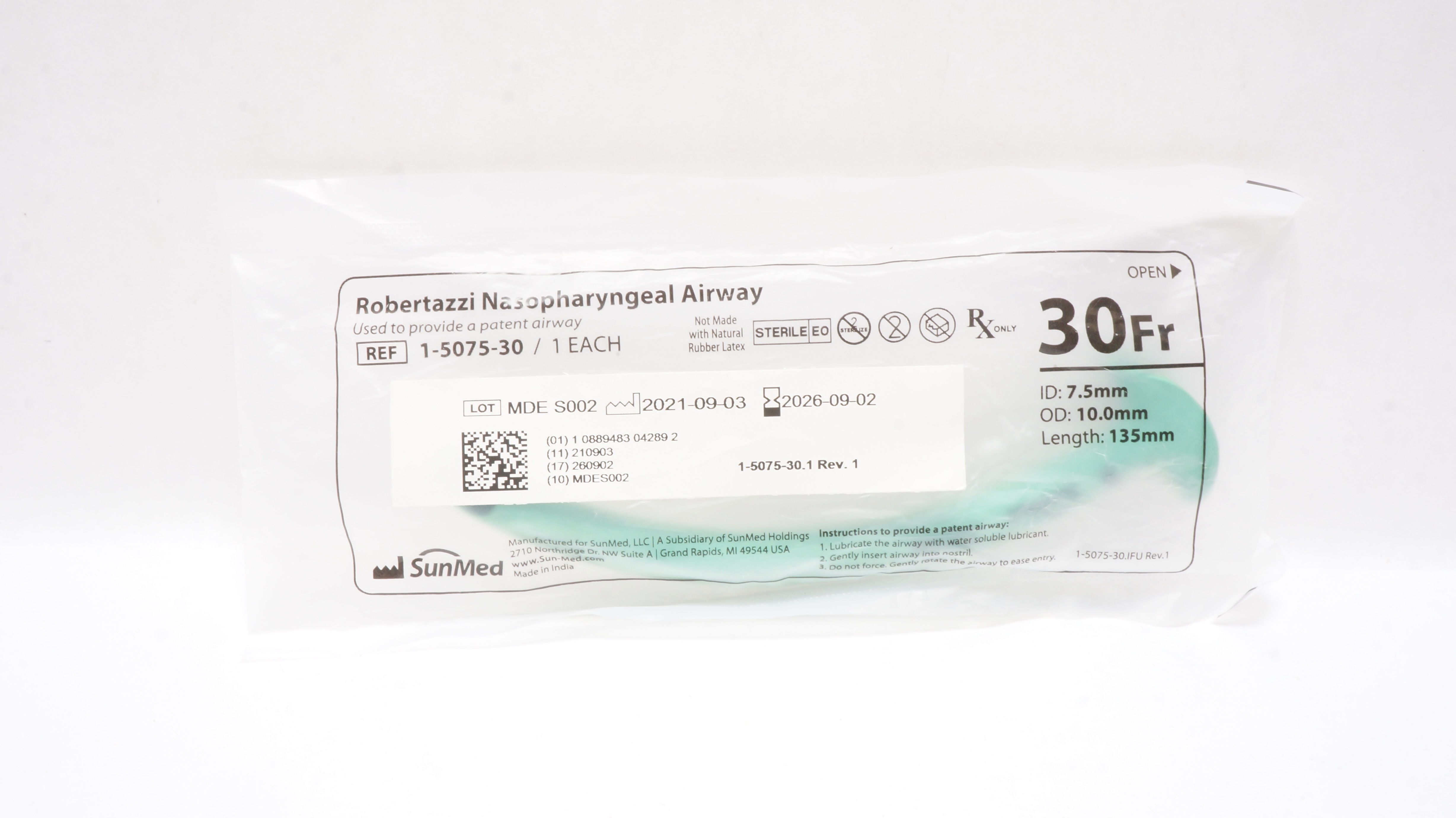 SunMed 1-5075-30 Robertazzi Nasopharyngeal Airway 30Fr x 7.5ID x 10.0OD x 135mm