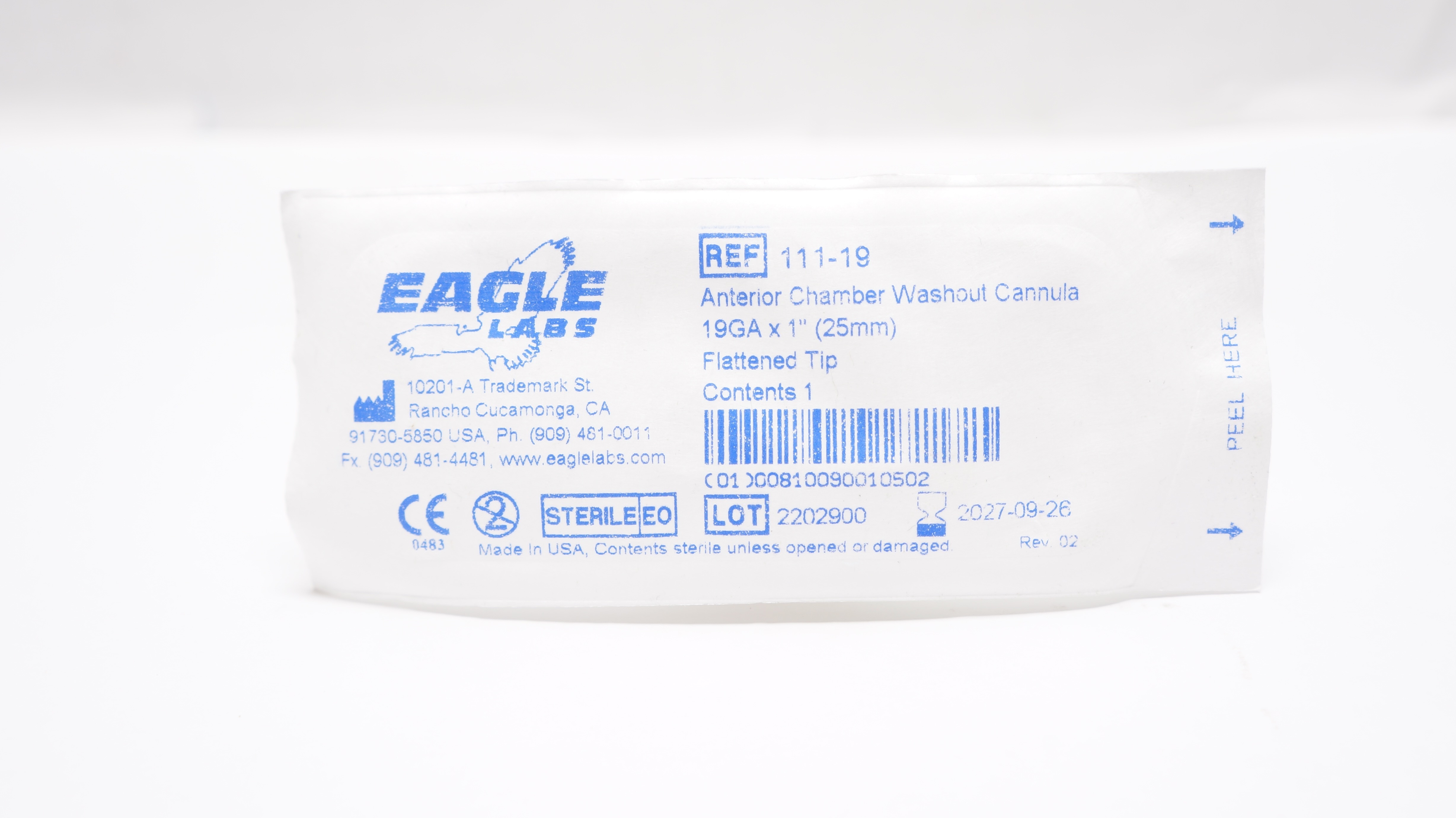 Eagle Labs 111-19 Anterior Chamber Washout Cannula Flattened Tip 19Ga x 1inch
