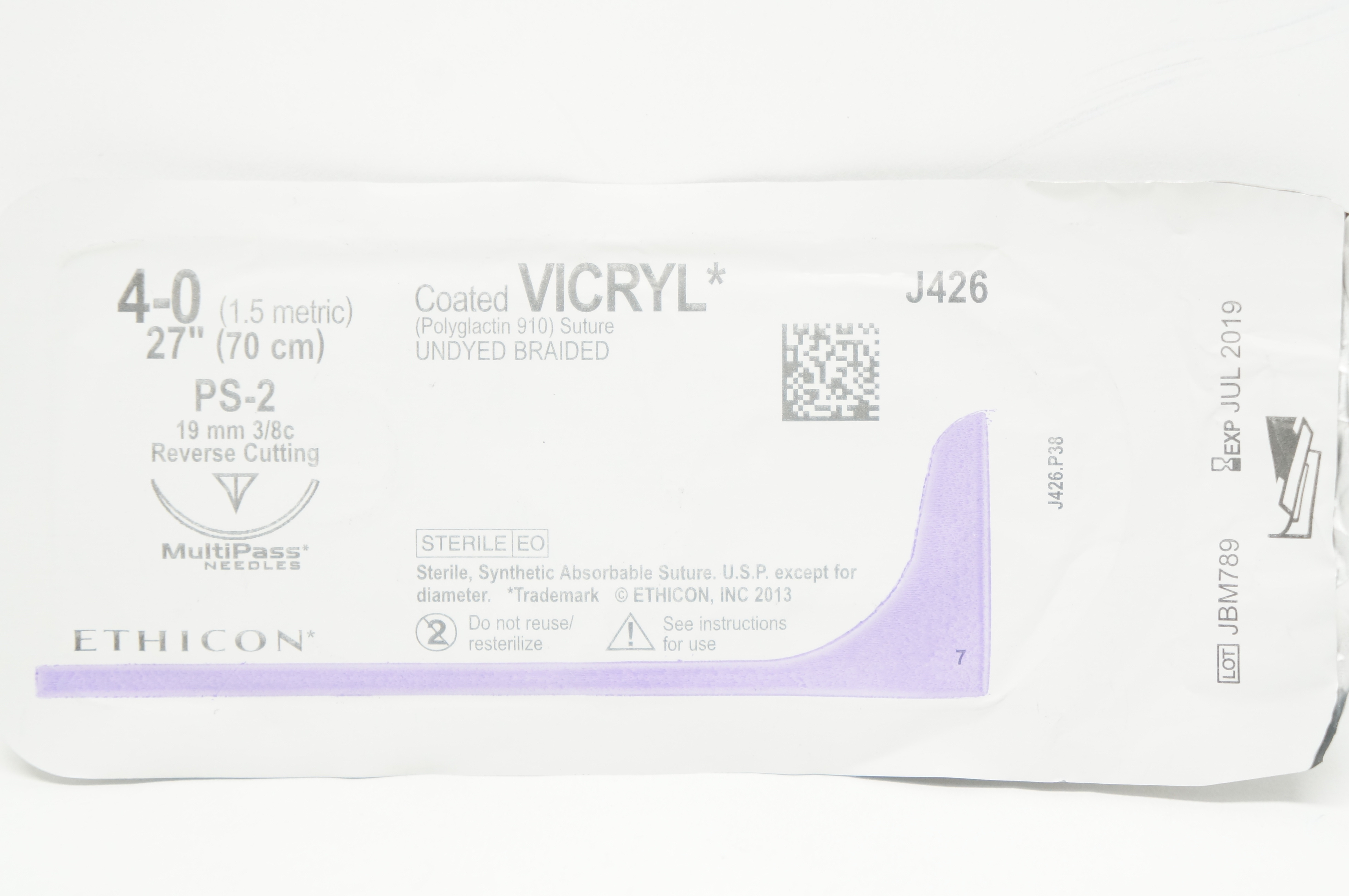 Ethicon J426 4-0 Coated VICRYL Stre PS-2 19mm 3/8c Reverse Cutting, 27inch (x)