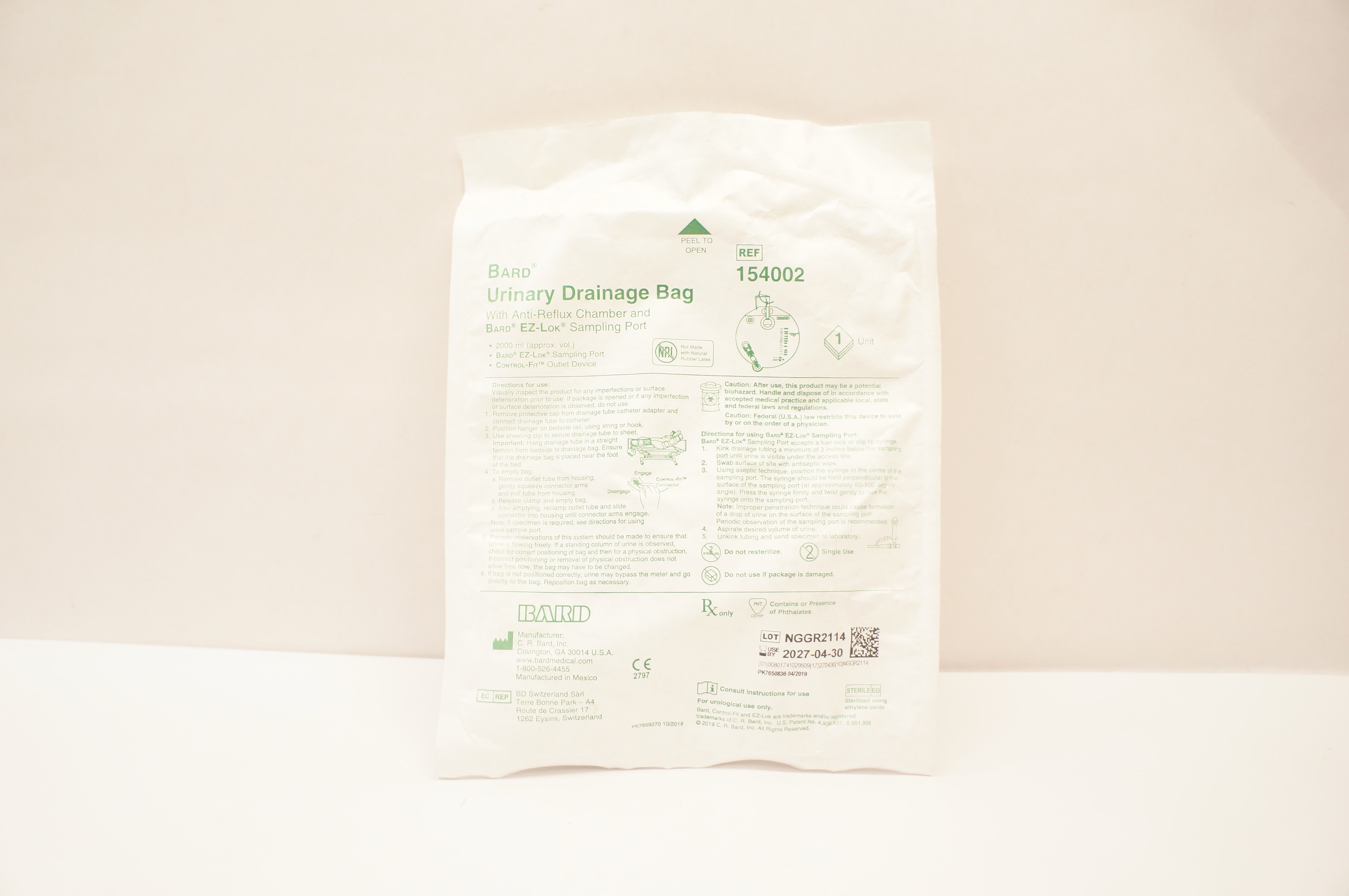 Bard 154002 Urinary Drainage Bag with Anti-Reflux Chamber & Sampling Port 2000ml
