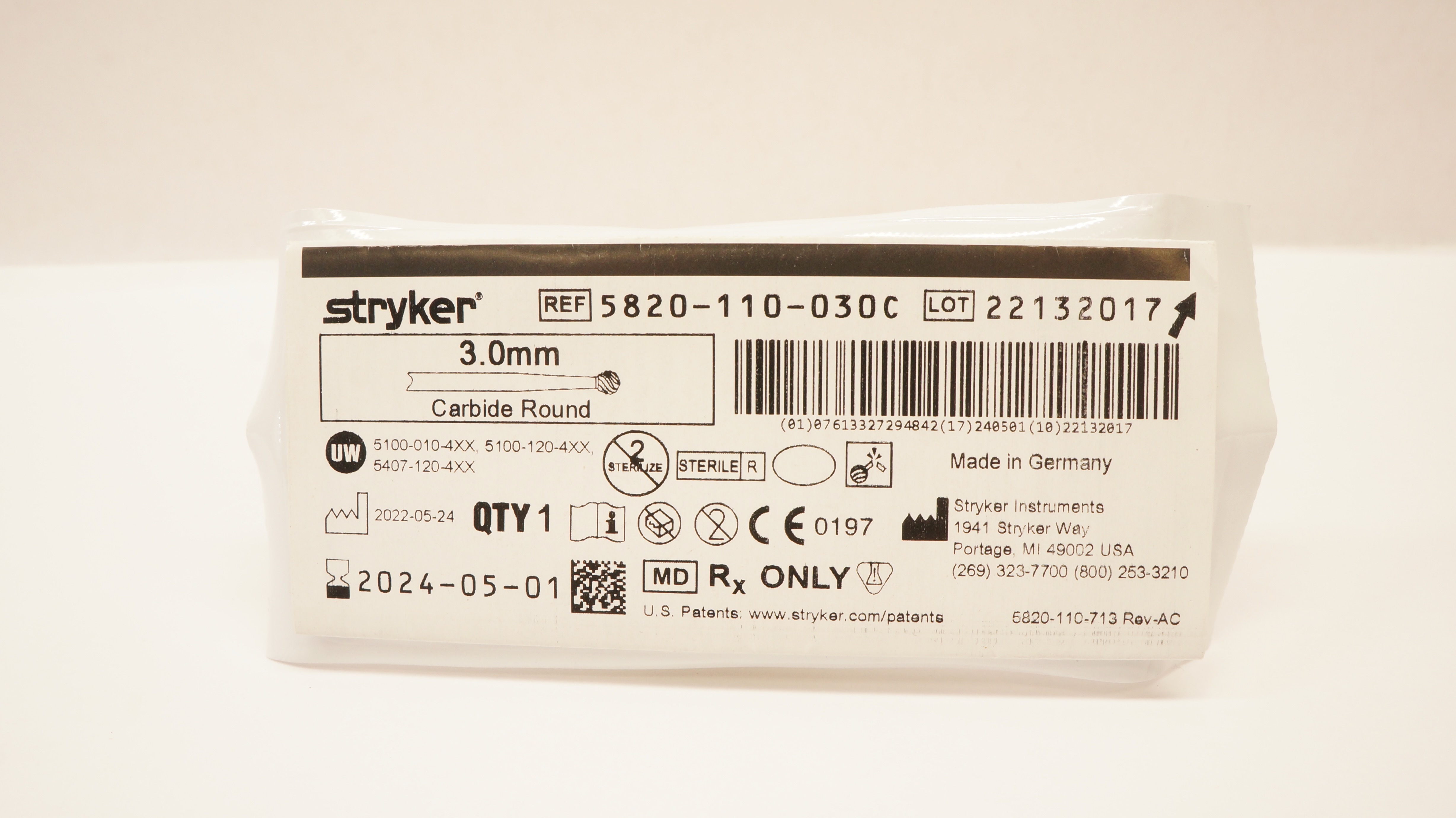 Stryker 5820-110-030C Carbide Round 3.0mm