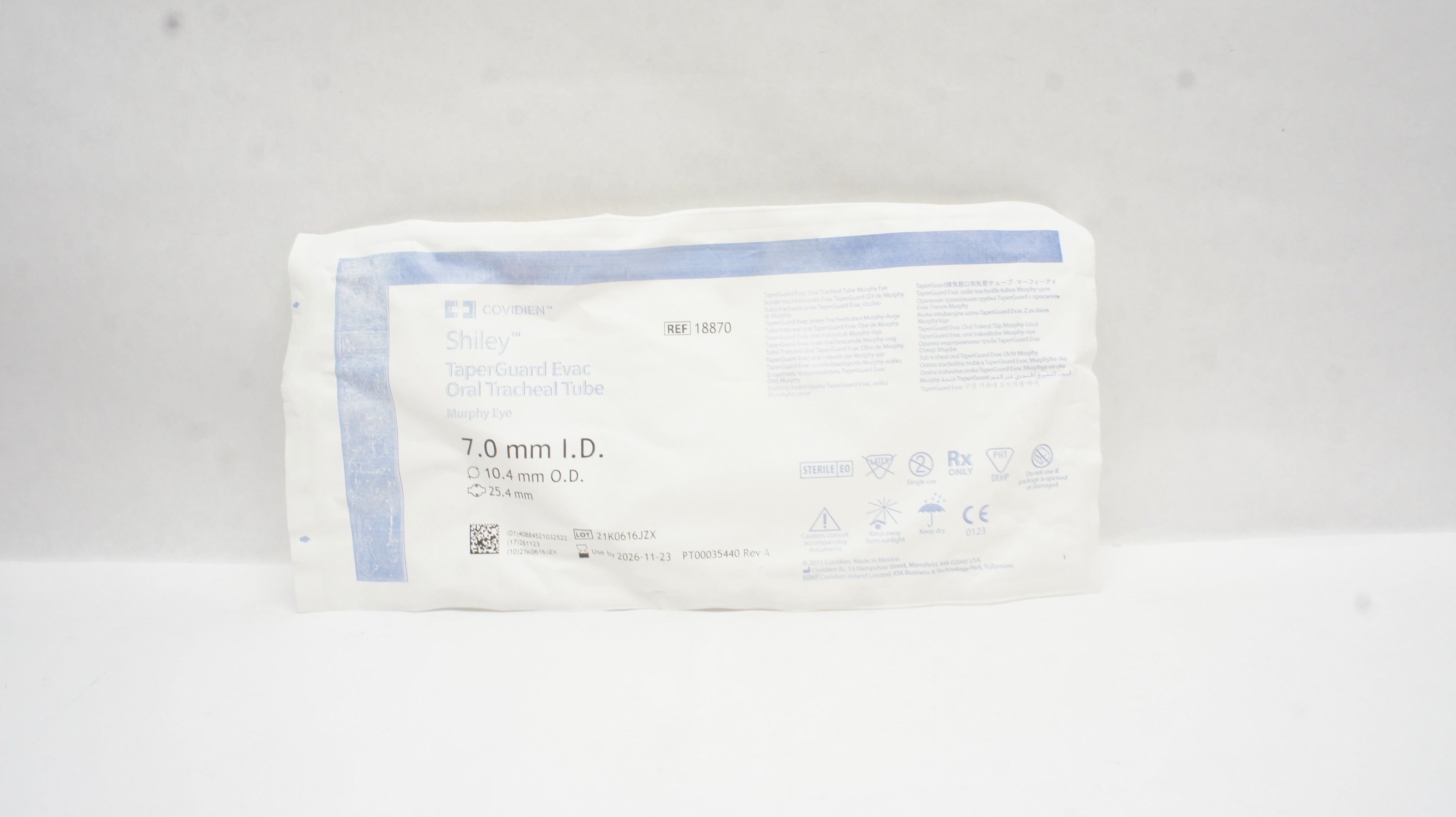Covidien 18870 Shiley TaperGuard EVac Oral Tracheal tube 7.0ID x 10.4OD x 25.4mm