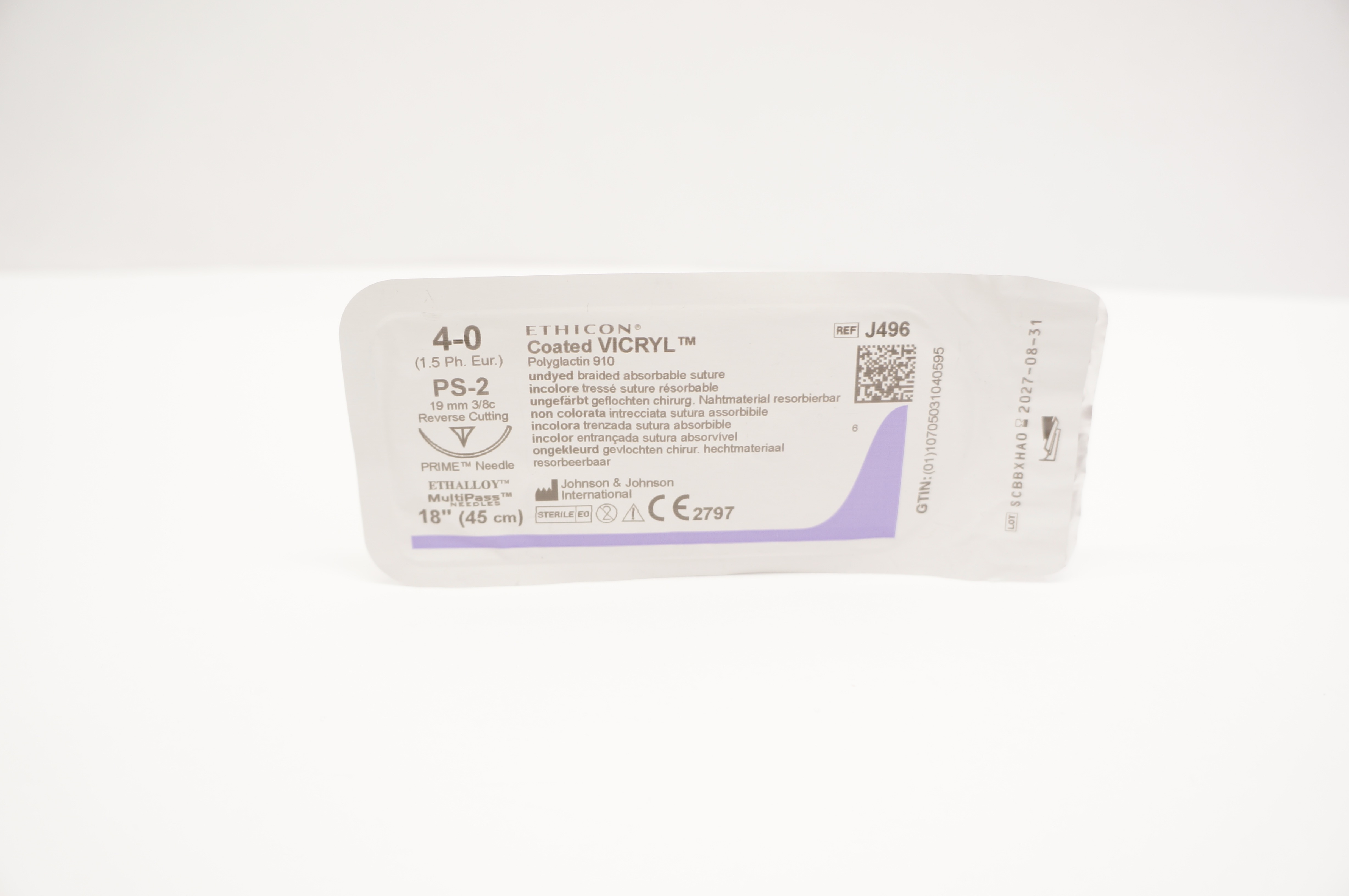 Ethicon J496 4-0 Coated VICRYL Stre PS-2 19mm 3/8c Reverse Cutting, 18inch
