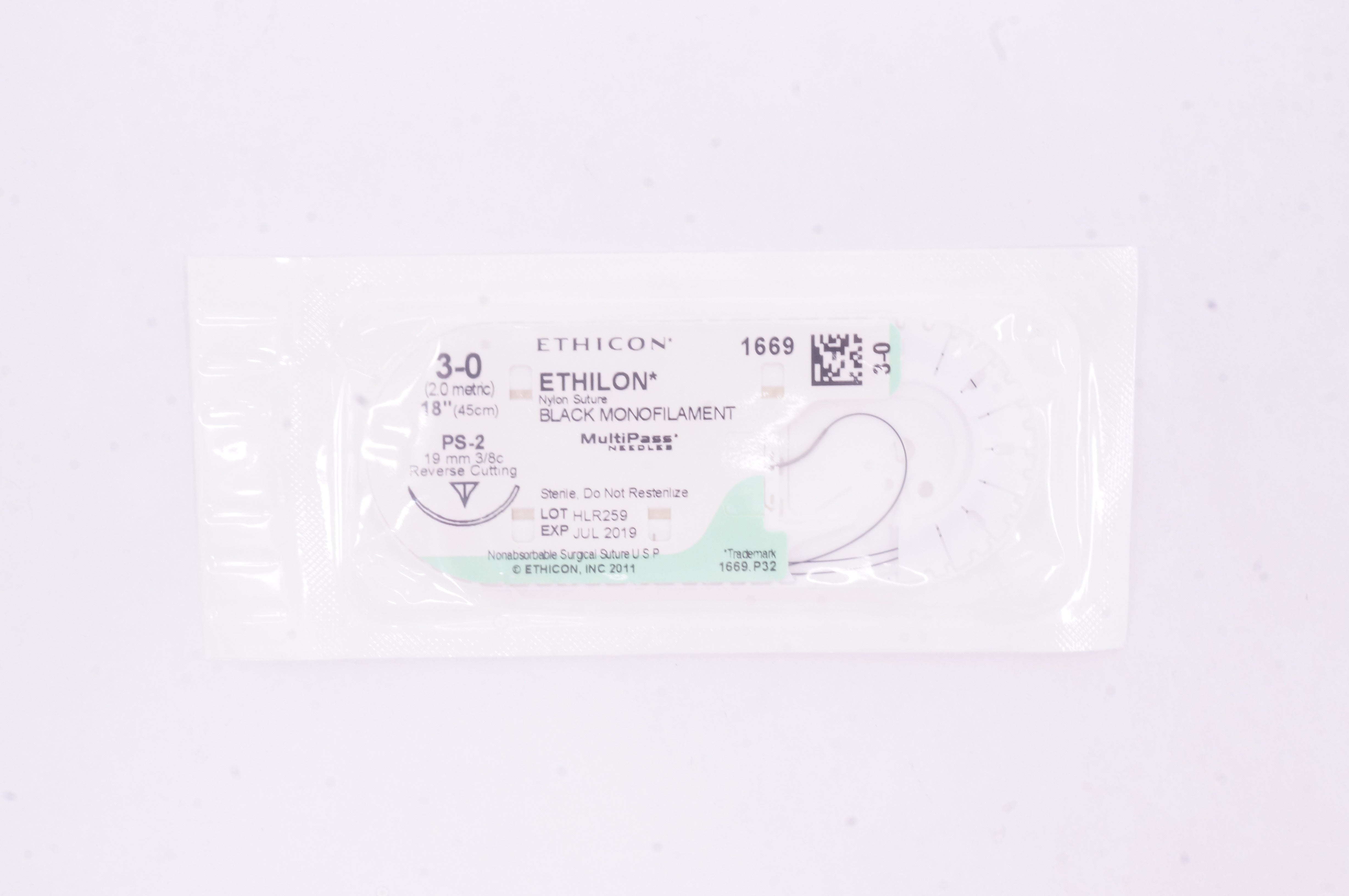 Ethicon 1669 3-0 ETHILON Nylon Stre PS-2, 19mm 3/8c Reverse Cutting, 18inch (x)