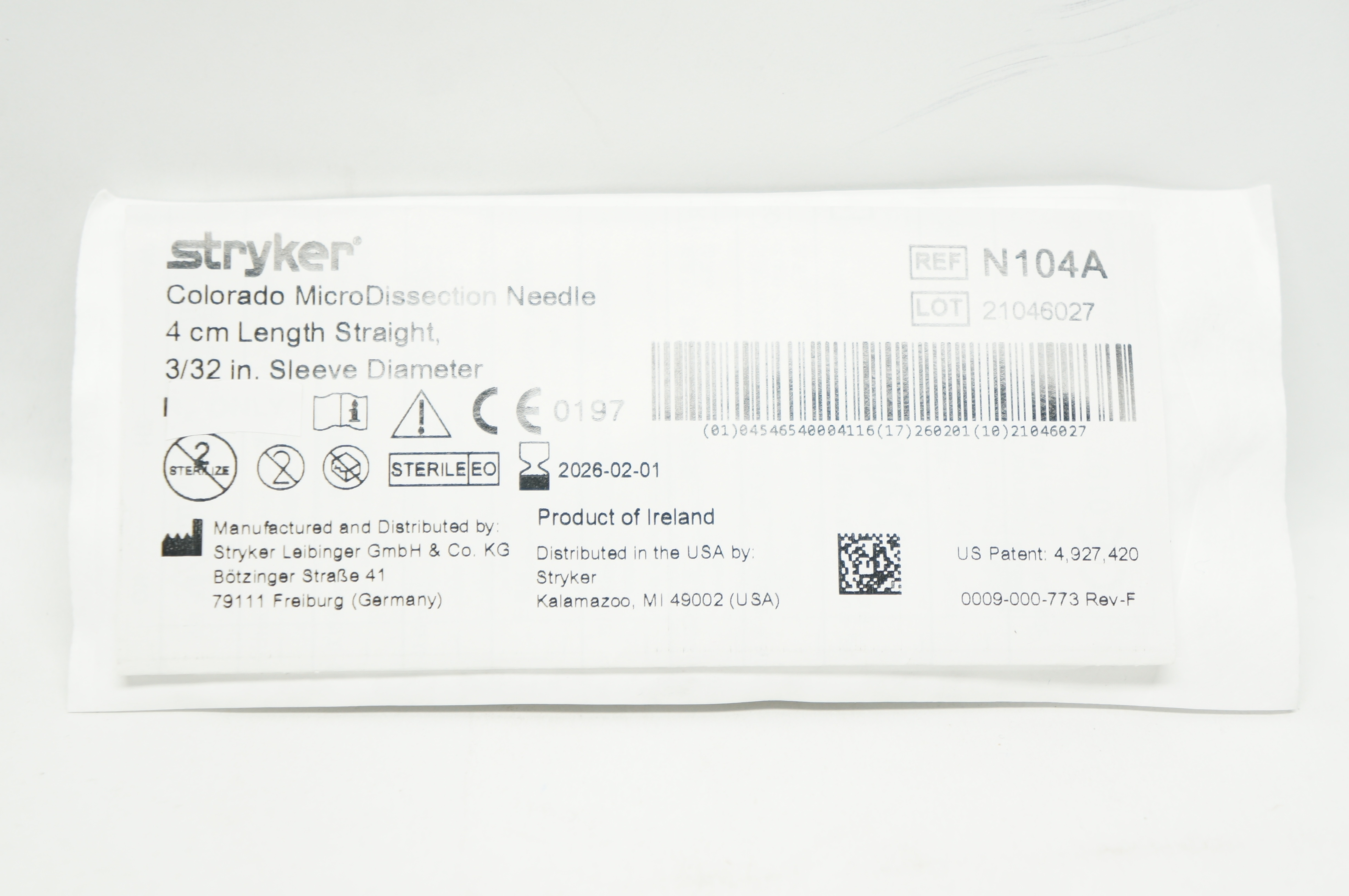 Stryker N104A Colorado MicroDissection Ndle. Straight 4cm, Sleeve 3/32inch