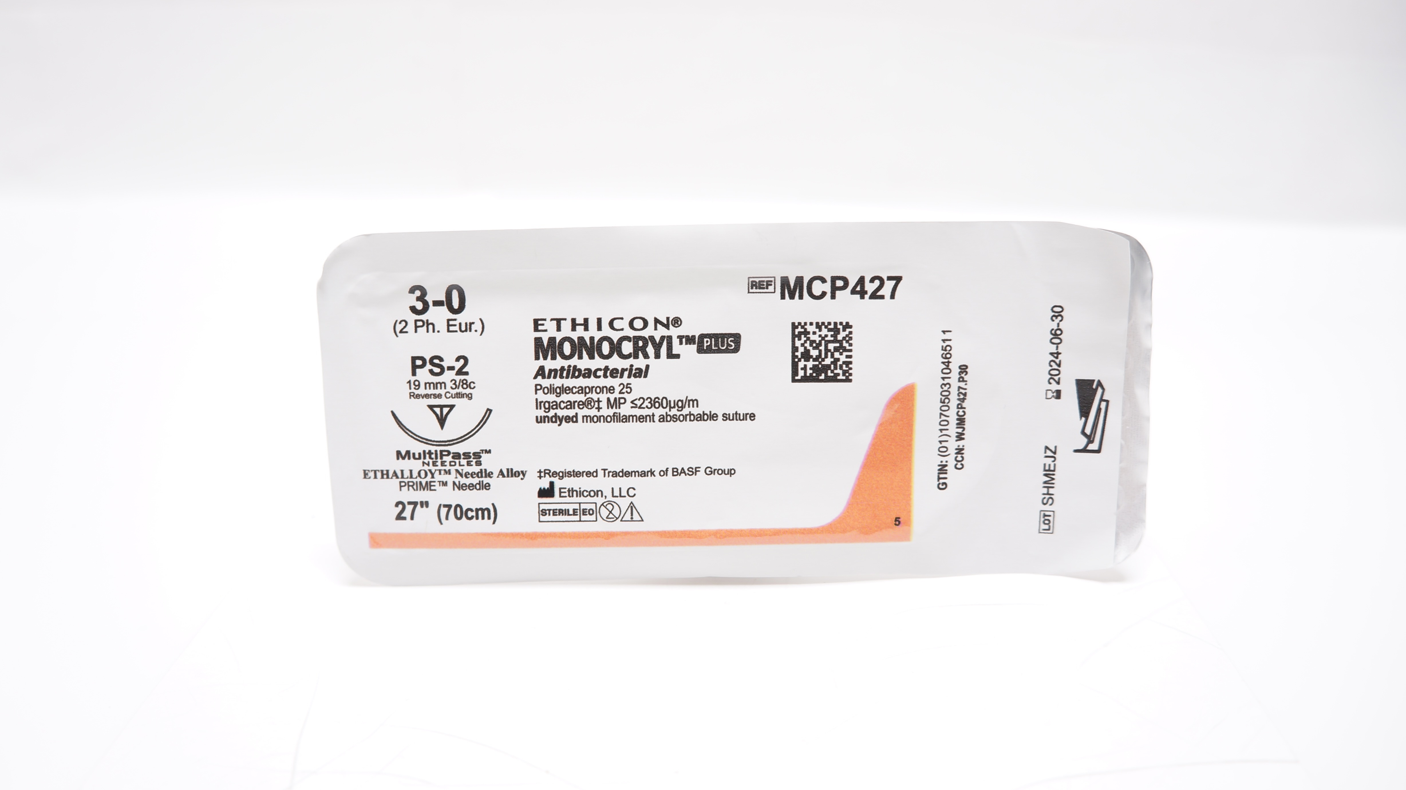 Ethicon MCP427 3-0 Monocryl Plus, PS-2, 19mm 3/8c Reverse Cutting, 27inch