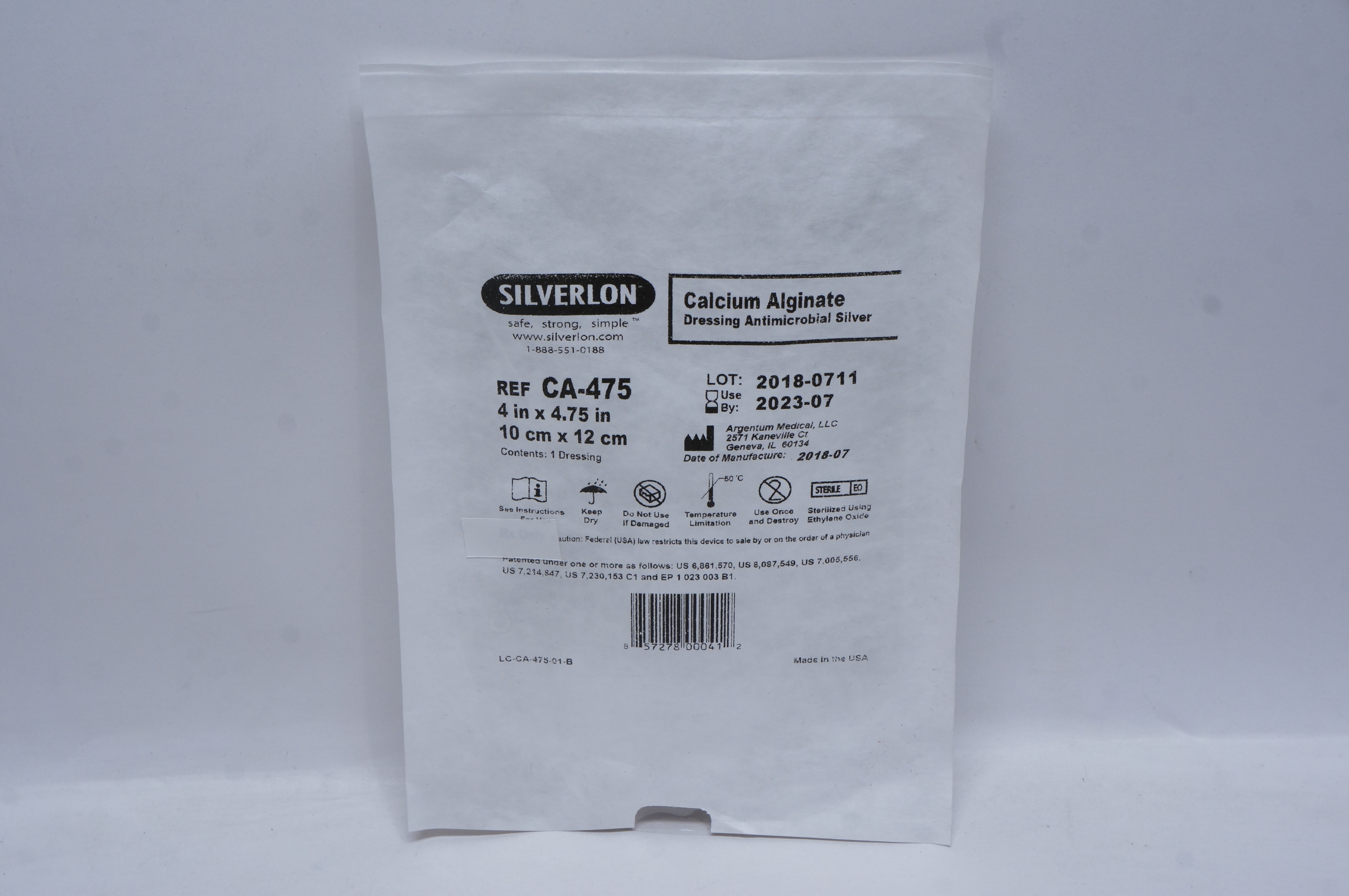 Silverlon CA-475 Calcium Alginate Dressing Antimicrobial Silver 4inch x 4.75inch