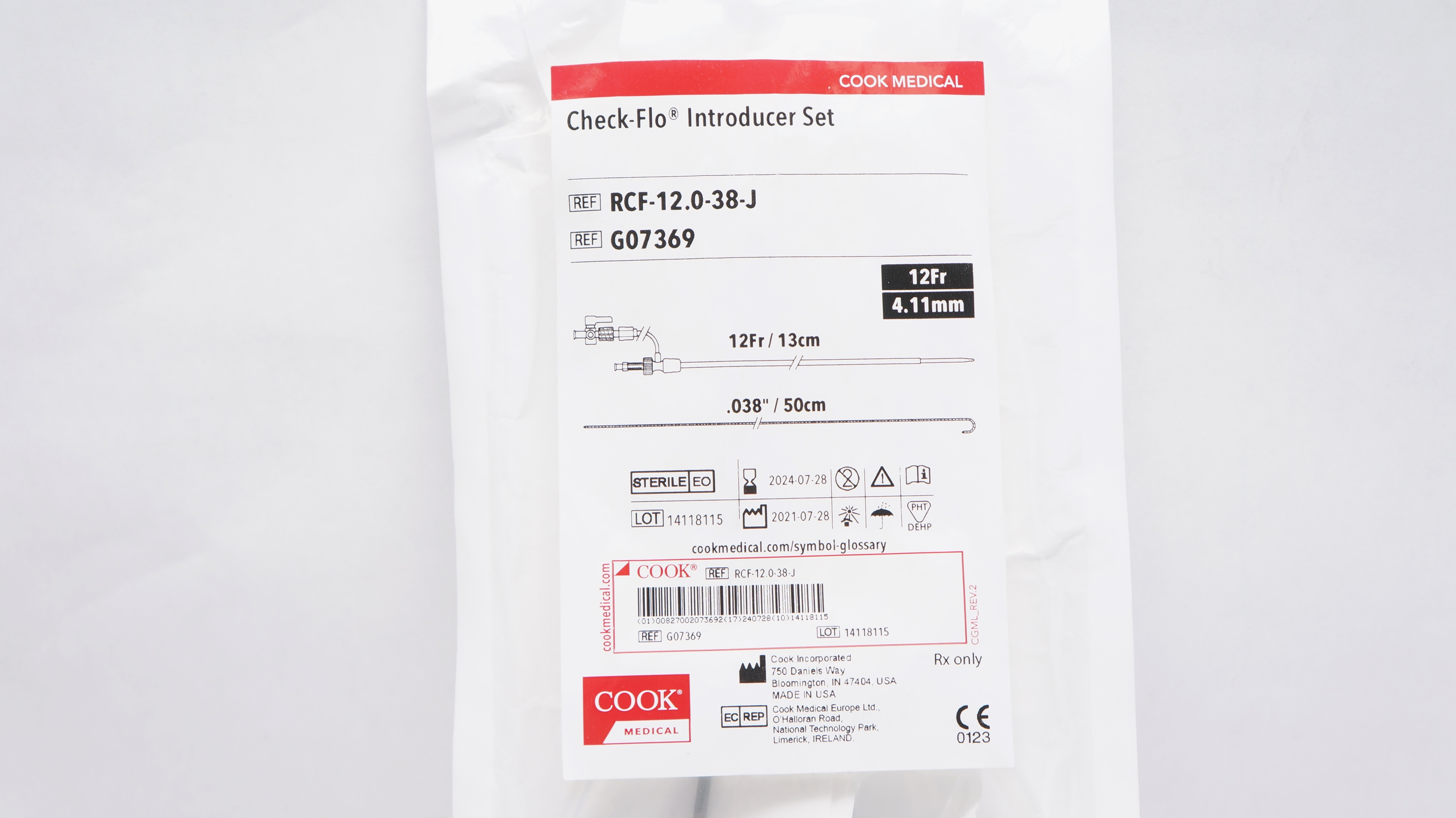 Cook Medical G07369 Check-Flo II Introducer Set 12Fr/13cm, .038inch/50cm