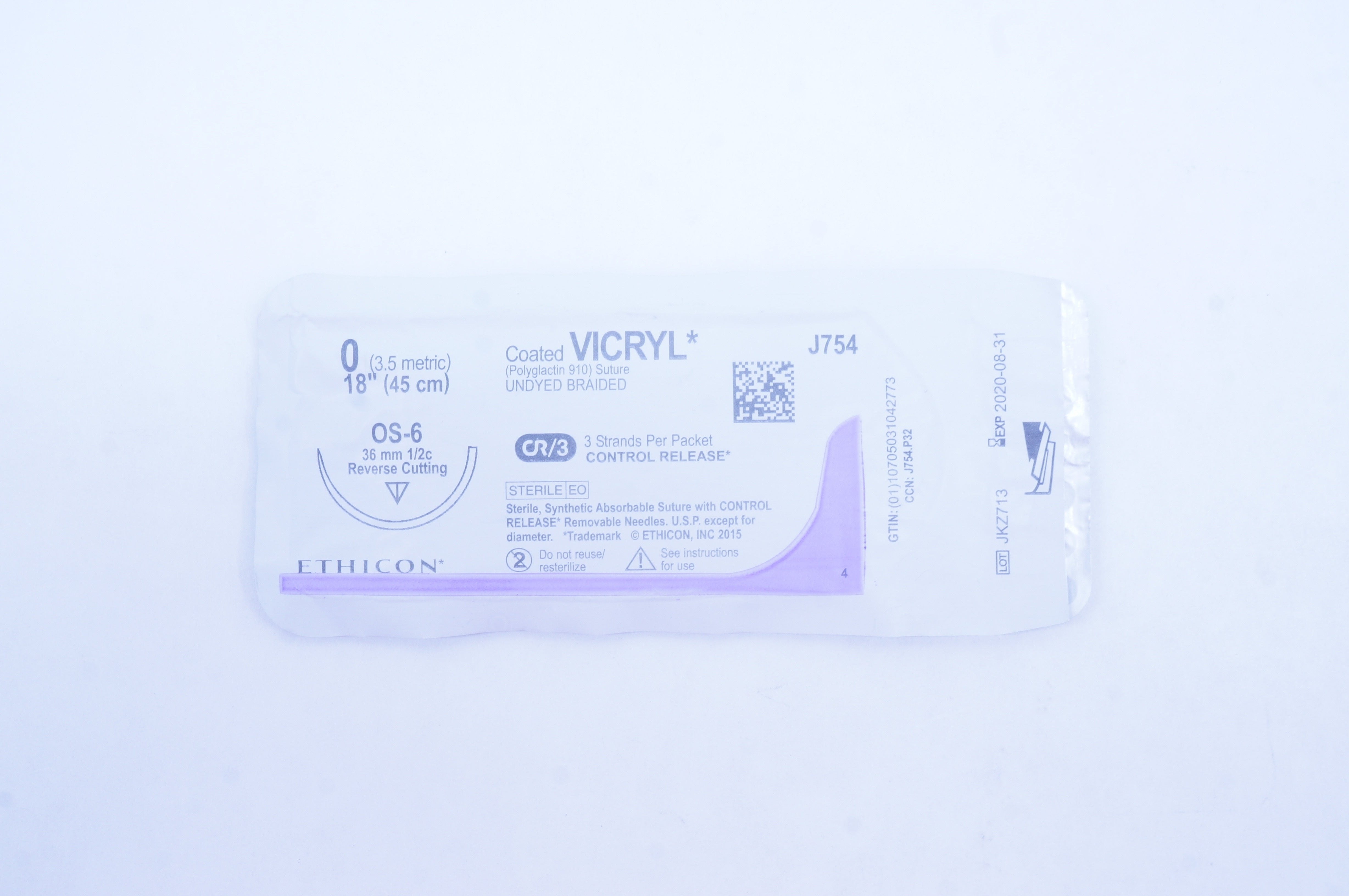 Ethicon J754 0 VICRYL Stre OS-6 36 mm 1/2c Reverse Cutting 18 inch (x)