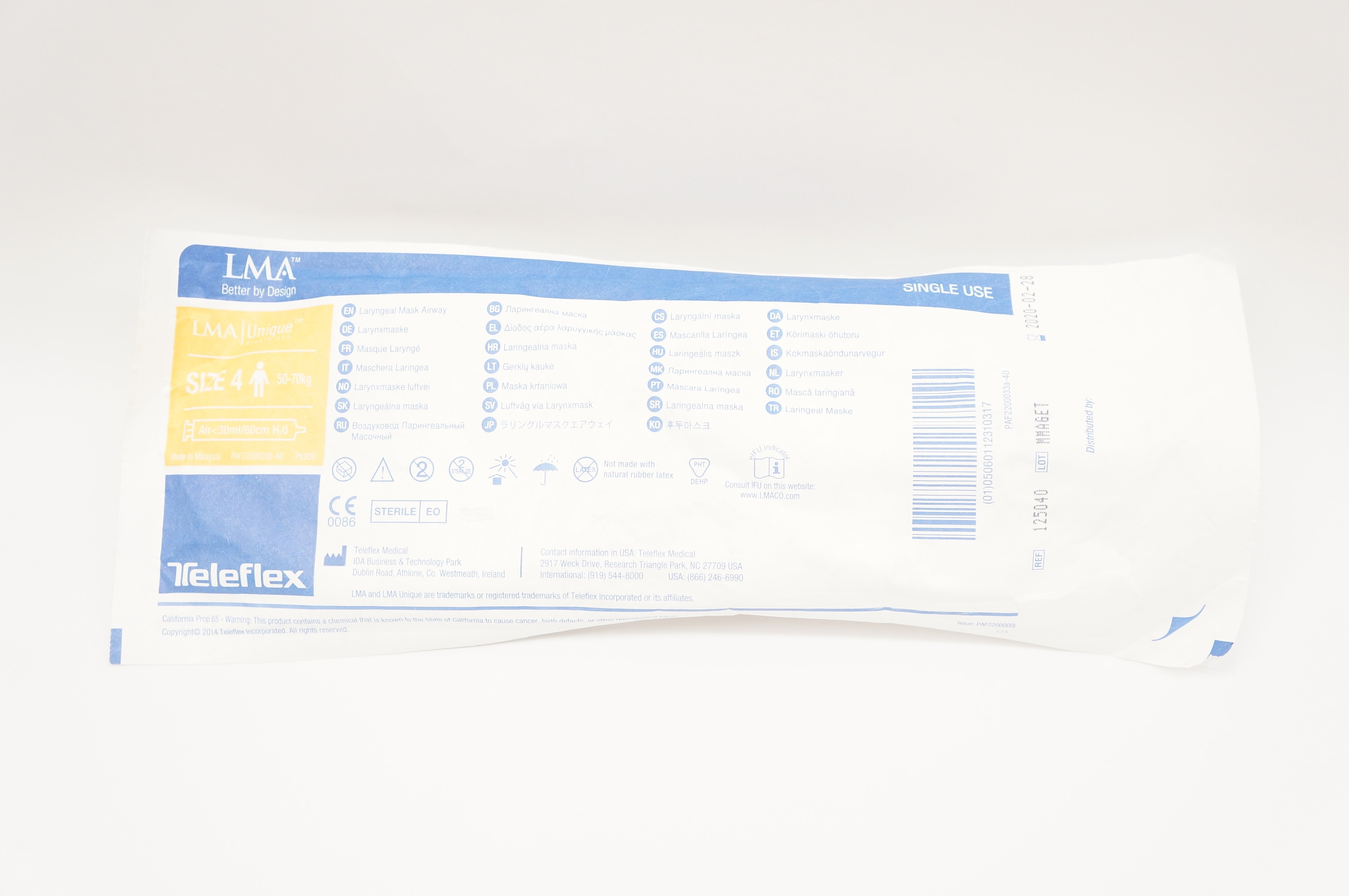 Teleflex 125040 LMA Laryngeal Mask Airway, Size 4, 50-70kg (x)