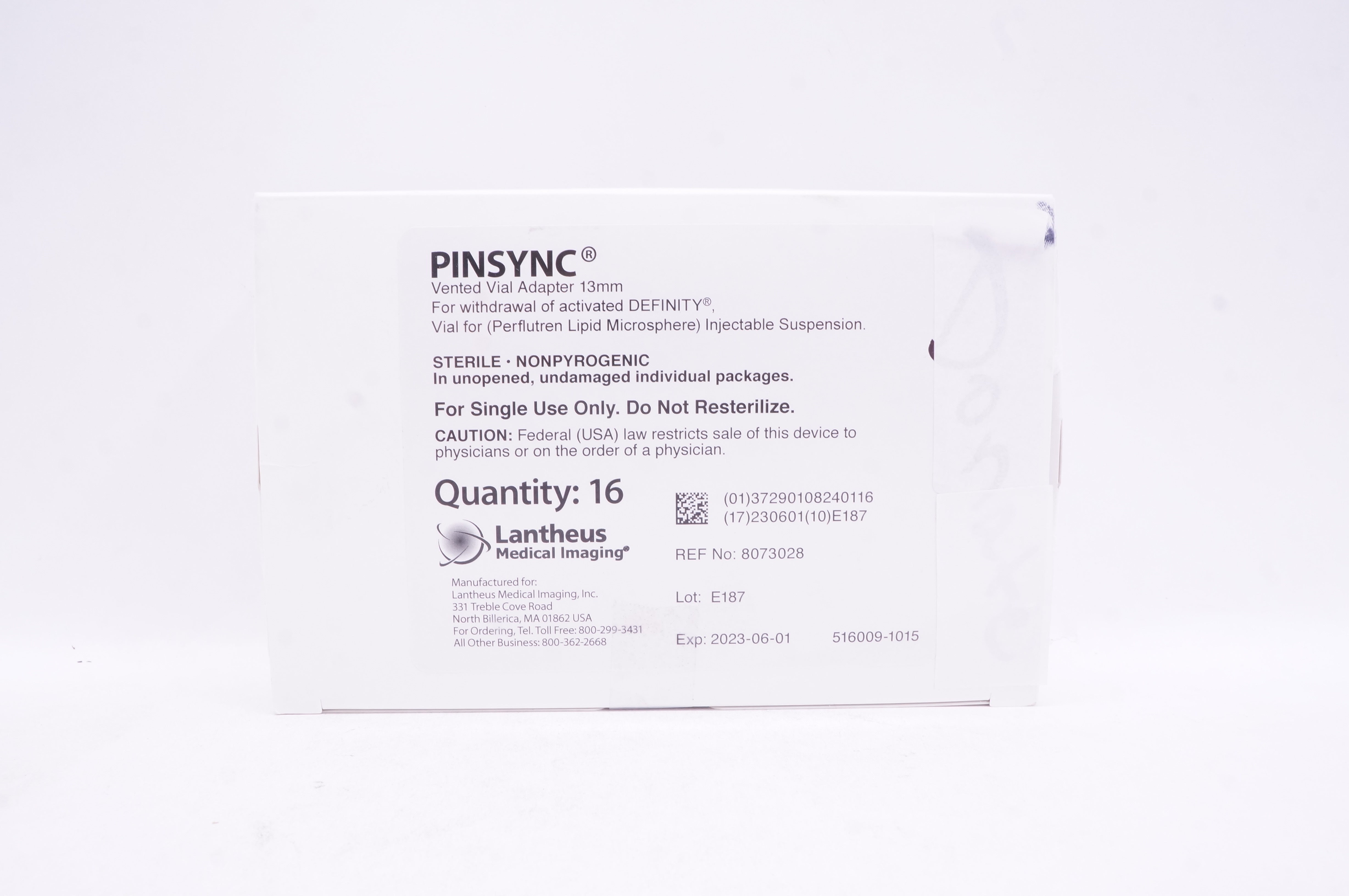Lantheus Medical 8073028 Pinsync Vented Vial Adapter 13mm - Box of 16