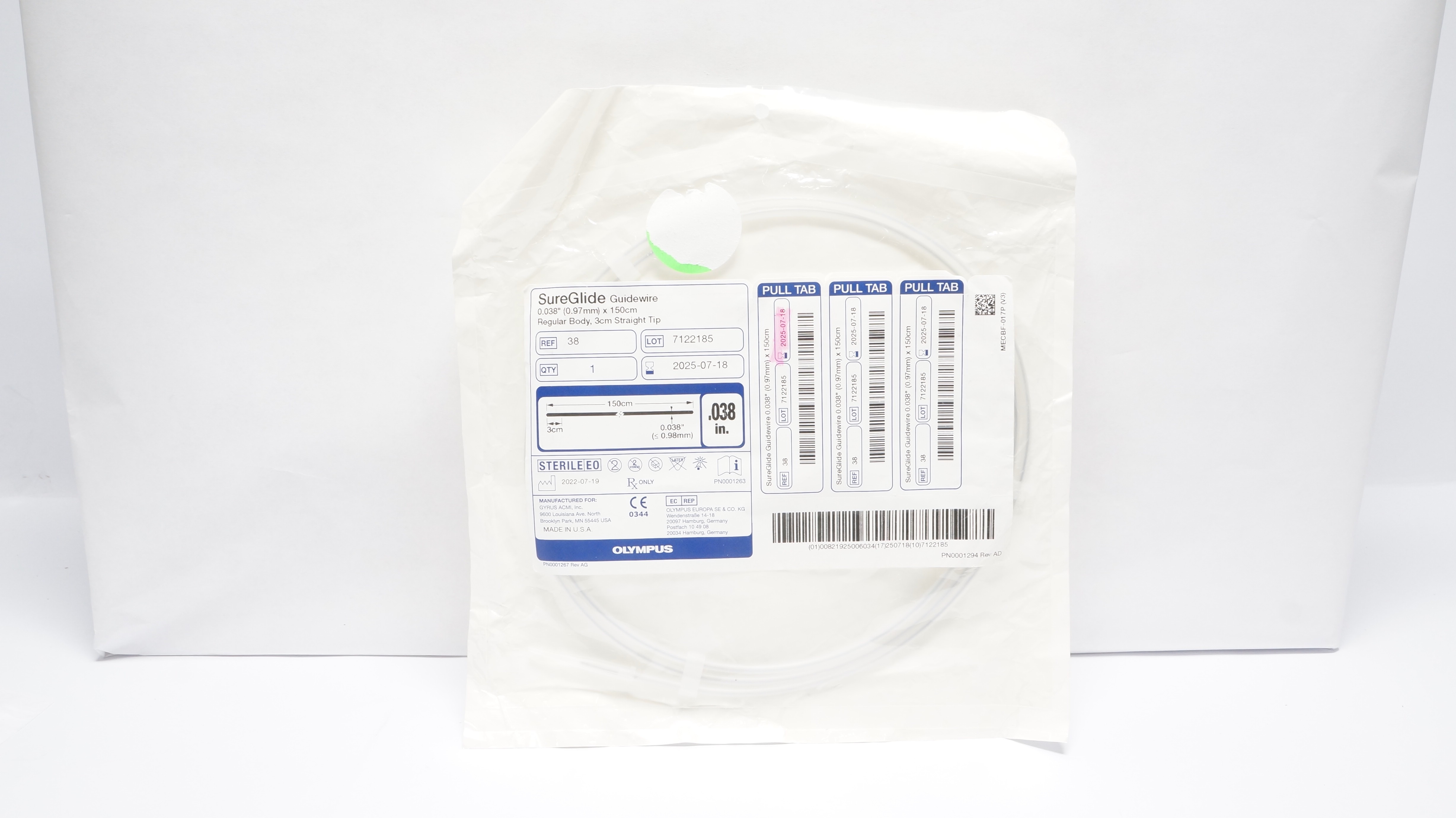 Olympus 38 GYRUS ACMI SUREGLIDE Guidewire, 0.038in x 150cm (x)