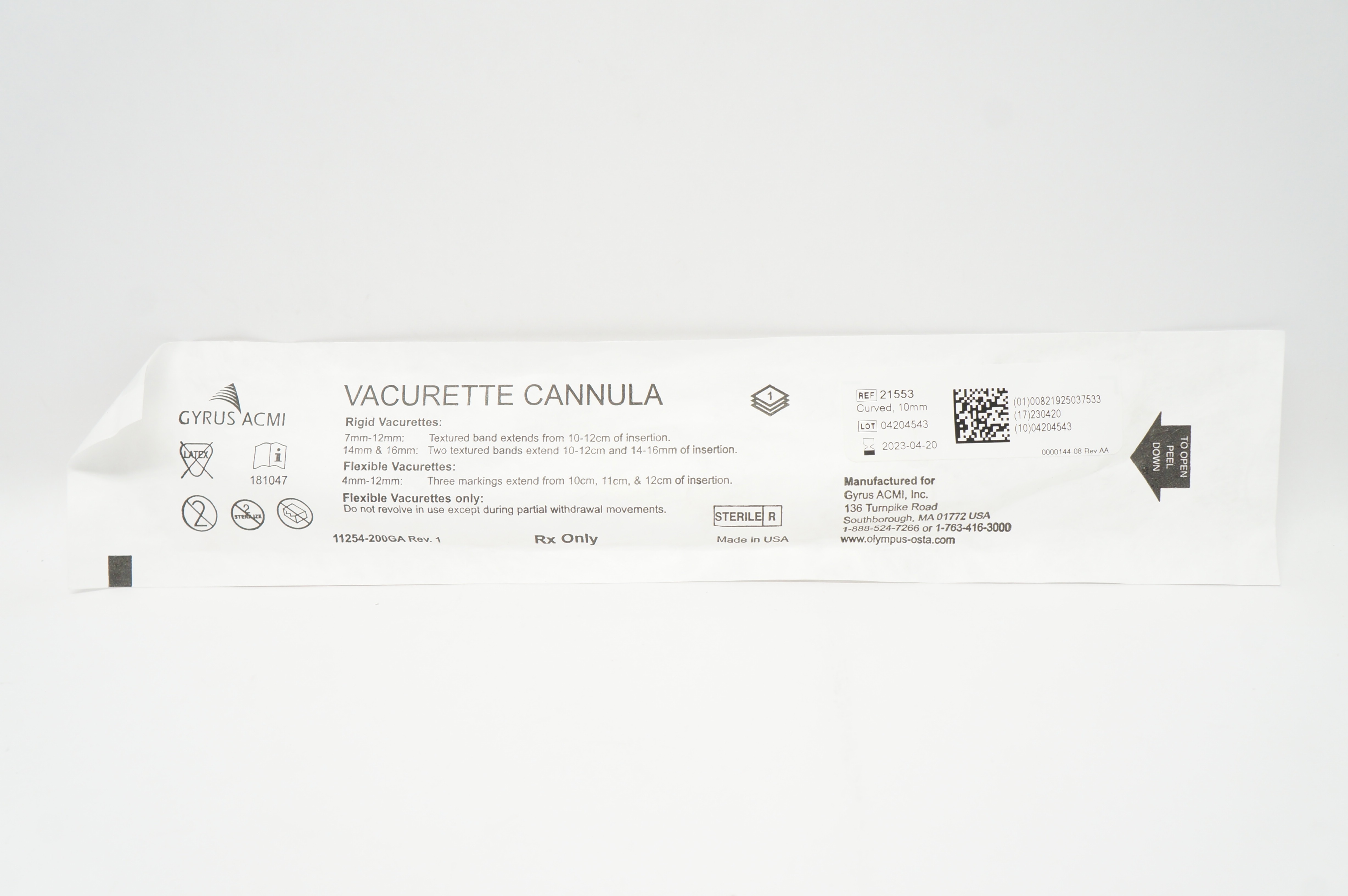 Gyrus ACMI 21553 Vacurette Cannula Curved 10mm