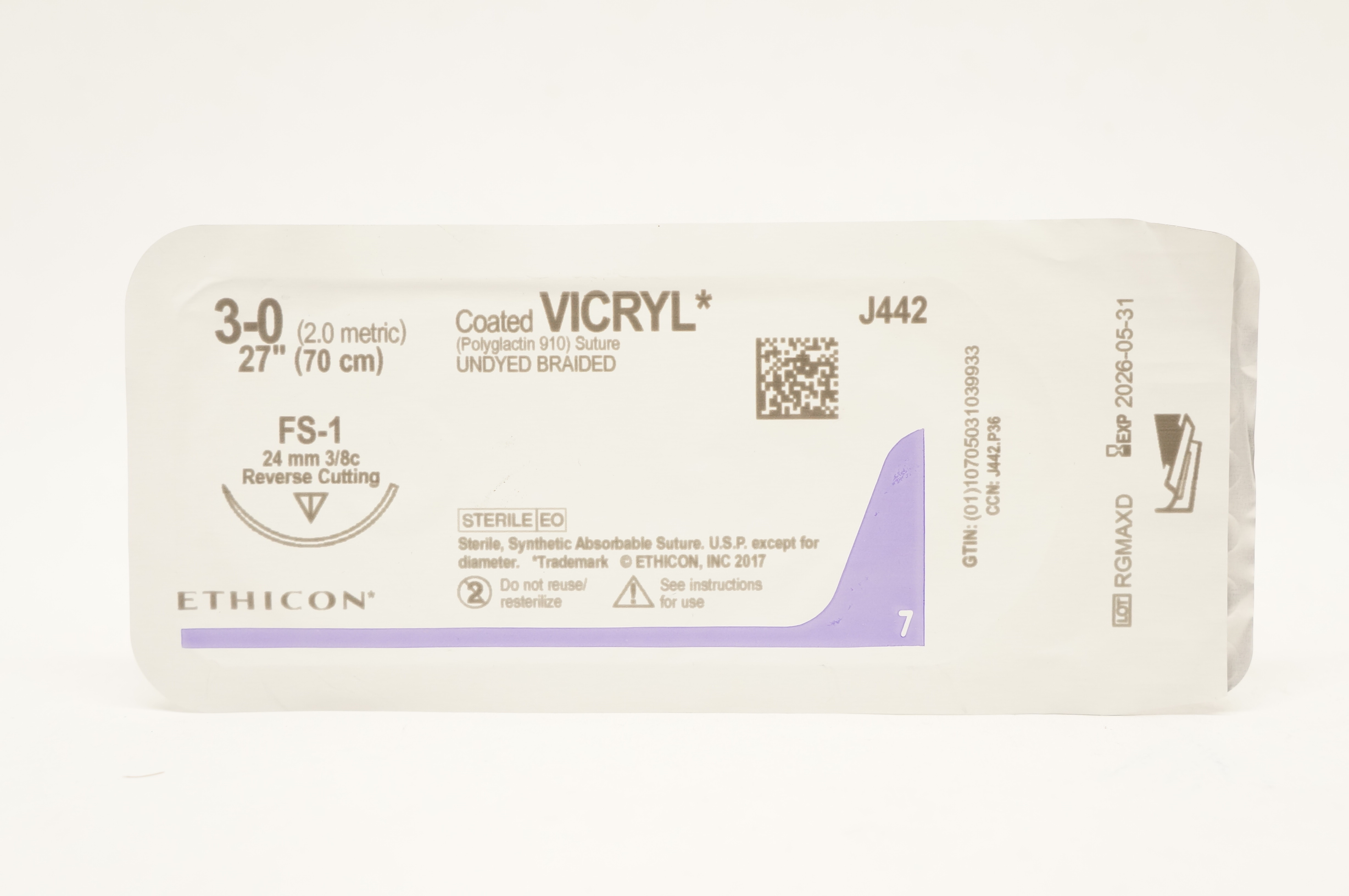 Ethicon J442 3-0 Coated VICRYL, FS-1 24mm 3/8c Reverse Cutting, 27inch