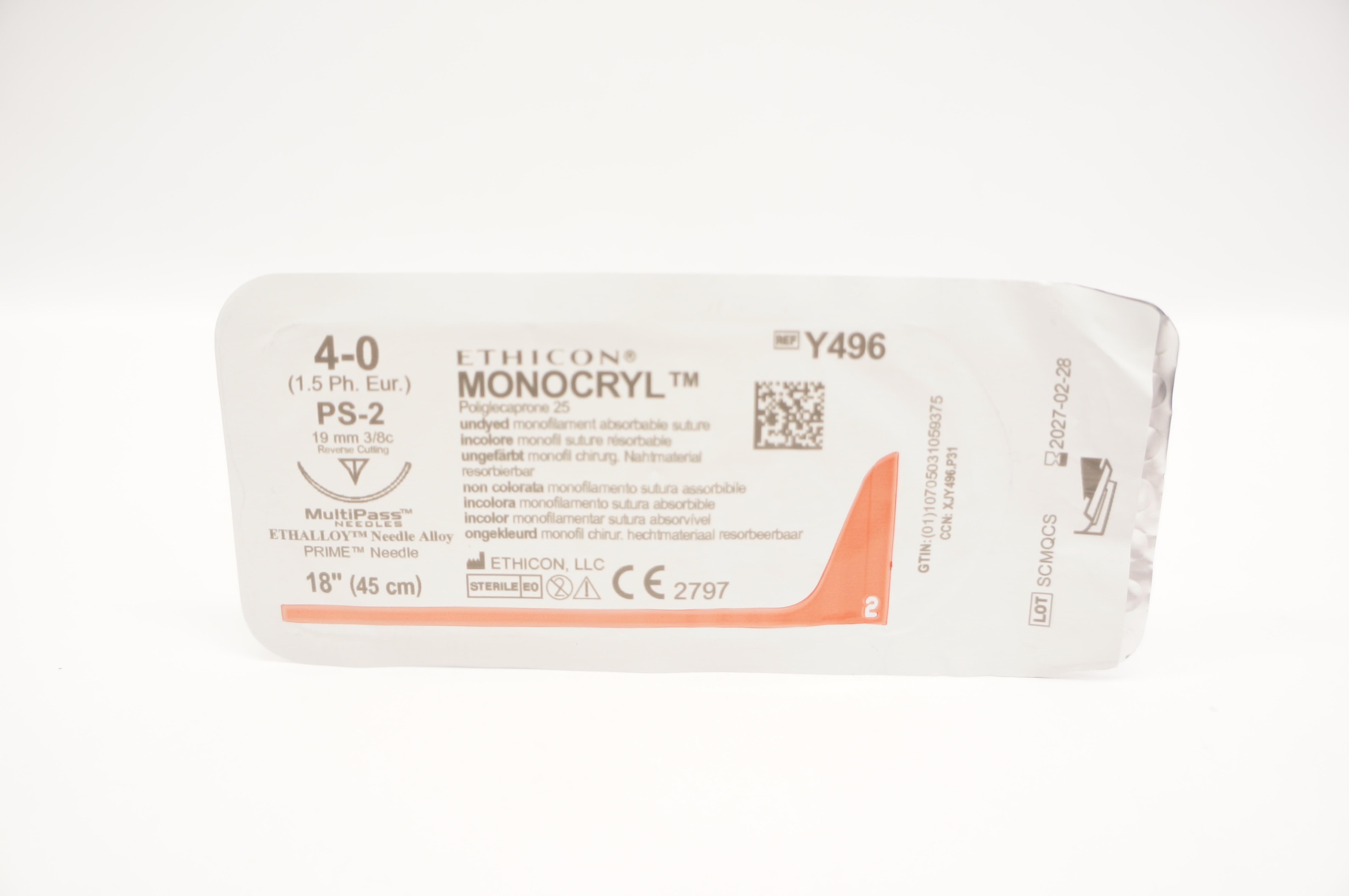Ethicon Y496 4-0 Monocryl Undyed Stre PS-2 19mm 3/8c Reverse Cutting, 18 inch