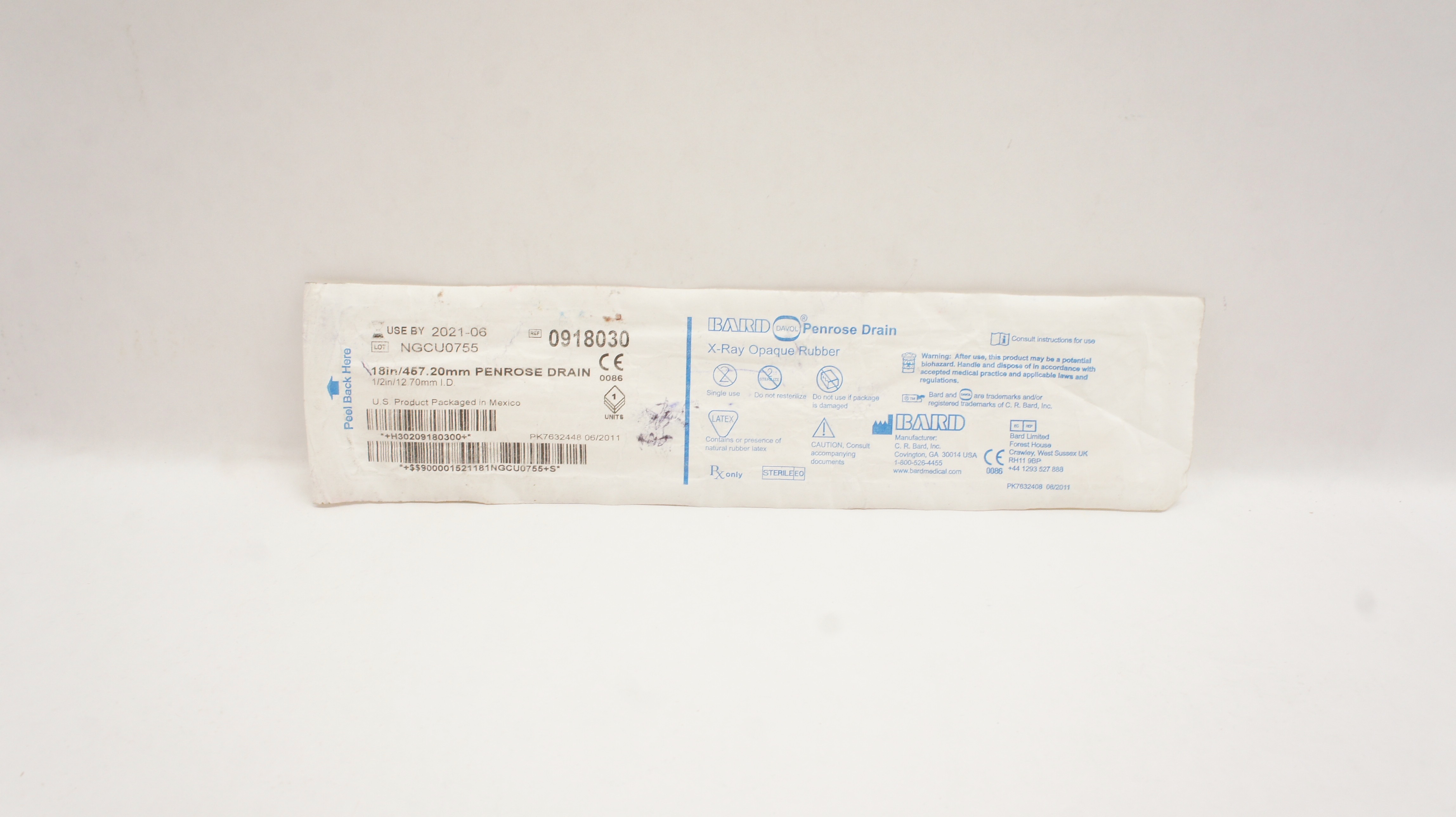 Bard 0918030 Davol Penrose Drain X-Ray Opaque Rubber 1/2inch ID x 18inch (x)