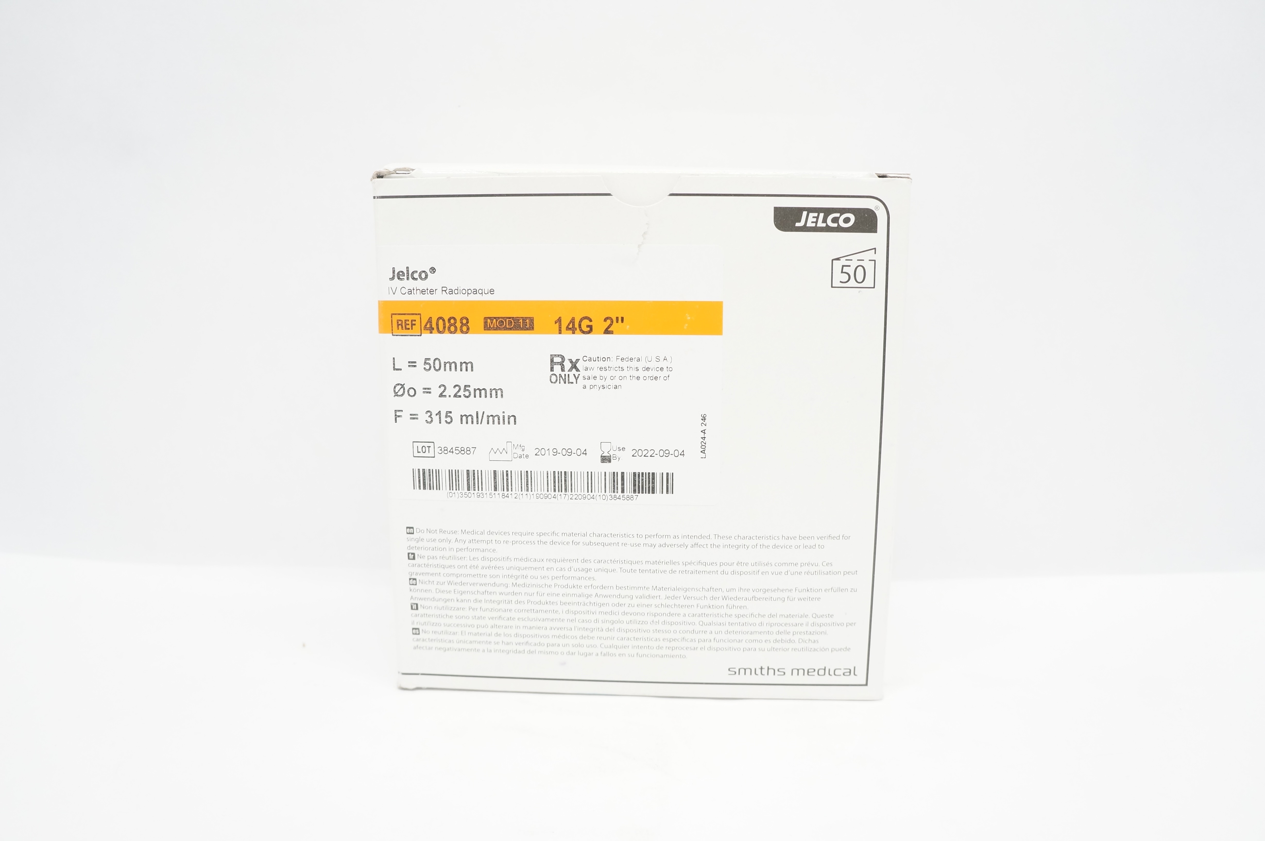 Smiths Medical 4088 Jelco I.V. Cath. Radiopaque 14G x 2inch - Box of 50 (x)