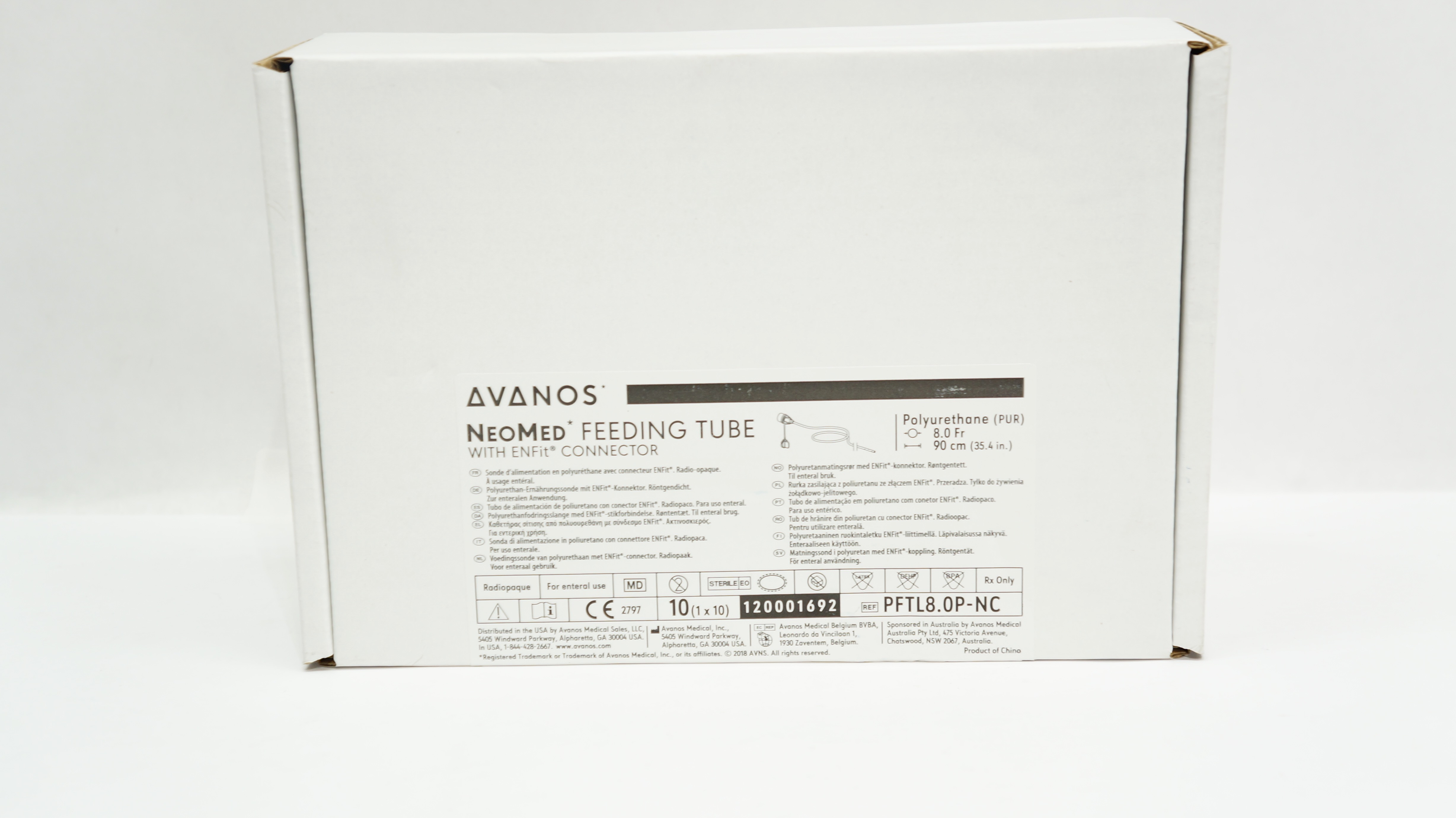 Avanos PFTL8.0P-NC NeoMed Feeding Tube w/Connector 8.0Fr x 35.4inch - Box of 10
